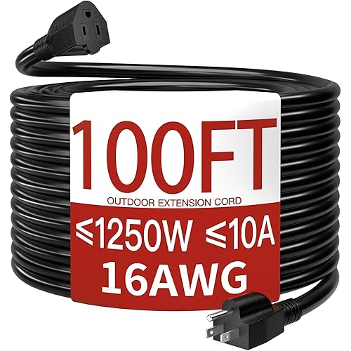16/3 10A 125V 1250W 100 Ft Outdoor Extension Cord Waterproof, Weatherproof & Flame Retardant Black 3 Prong Power Cord Outside for Lawn & Garden, SJTW ETL Listed