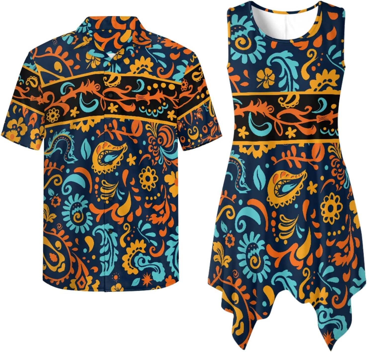 TOADDITDO Matching Hawaiian Couple Outfit Mens Button Down Aloha Shirts Womens Sundress Sleeveless A Line Flowy Tank Dress