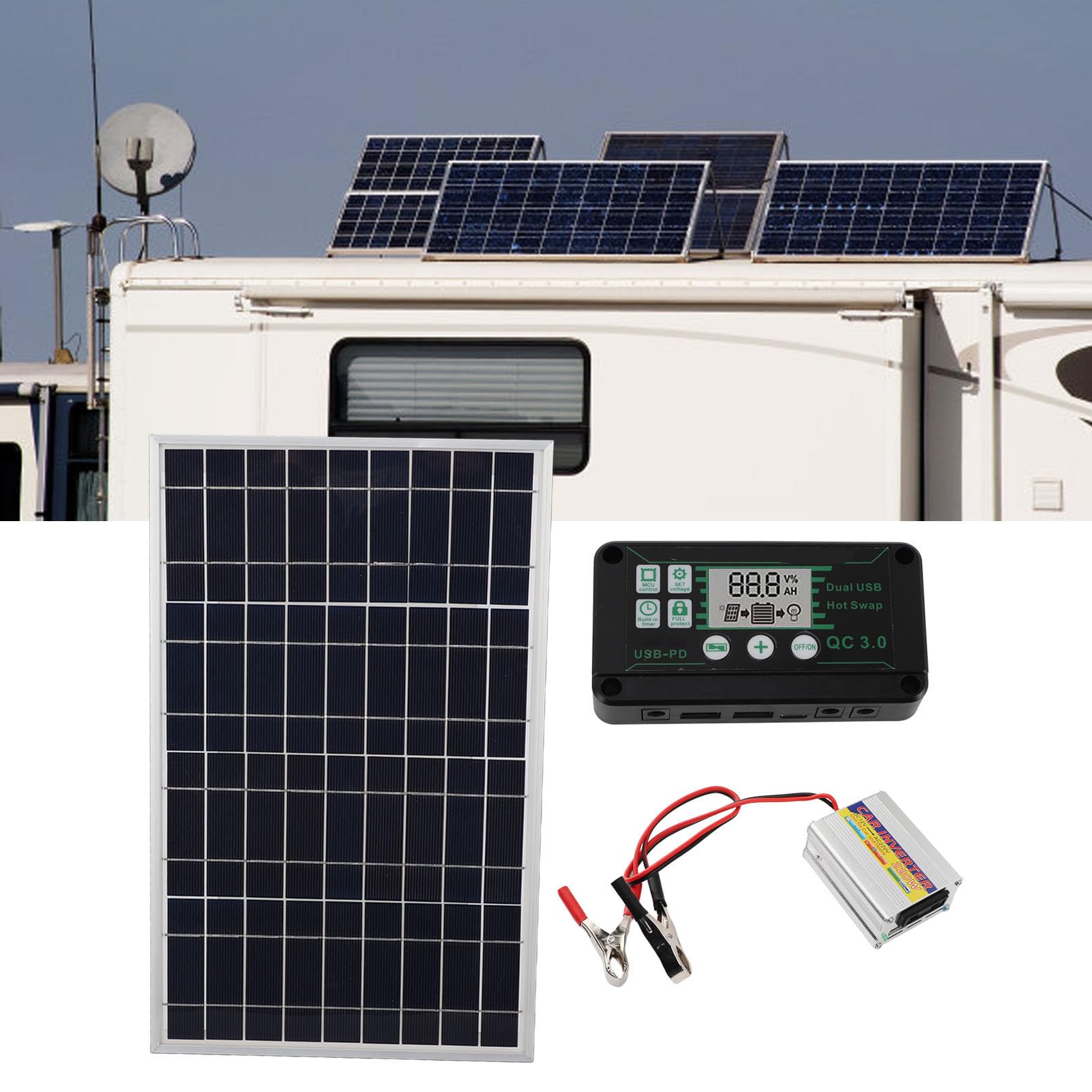 Focket Zestaw Solarny Off-grid 30W, Przetwornica 220W, Regulator MPPT, do