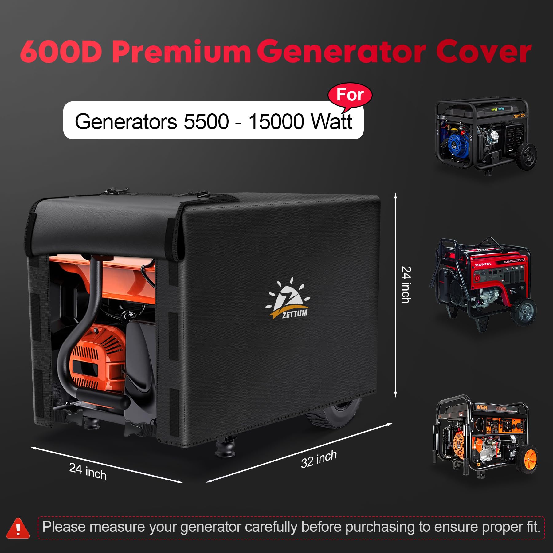 Zettum Generator Cover 32 Inch - 600D Outdoor Generator Covers Heavy Duty Waterproof, Small Outside Equipment Cover for DuroMax, Westinghouse, Champion, Predator, Honda Portable Generator 5000-10000W