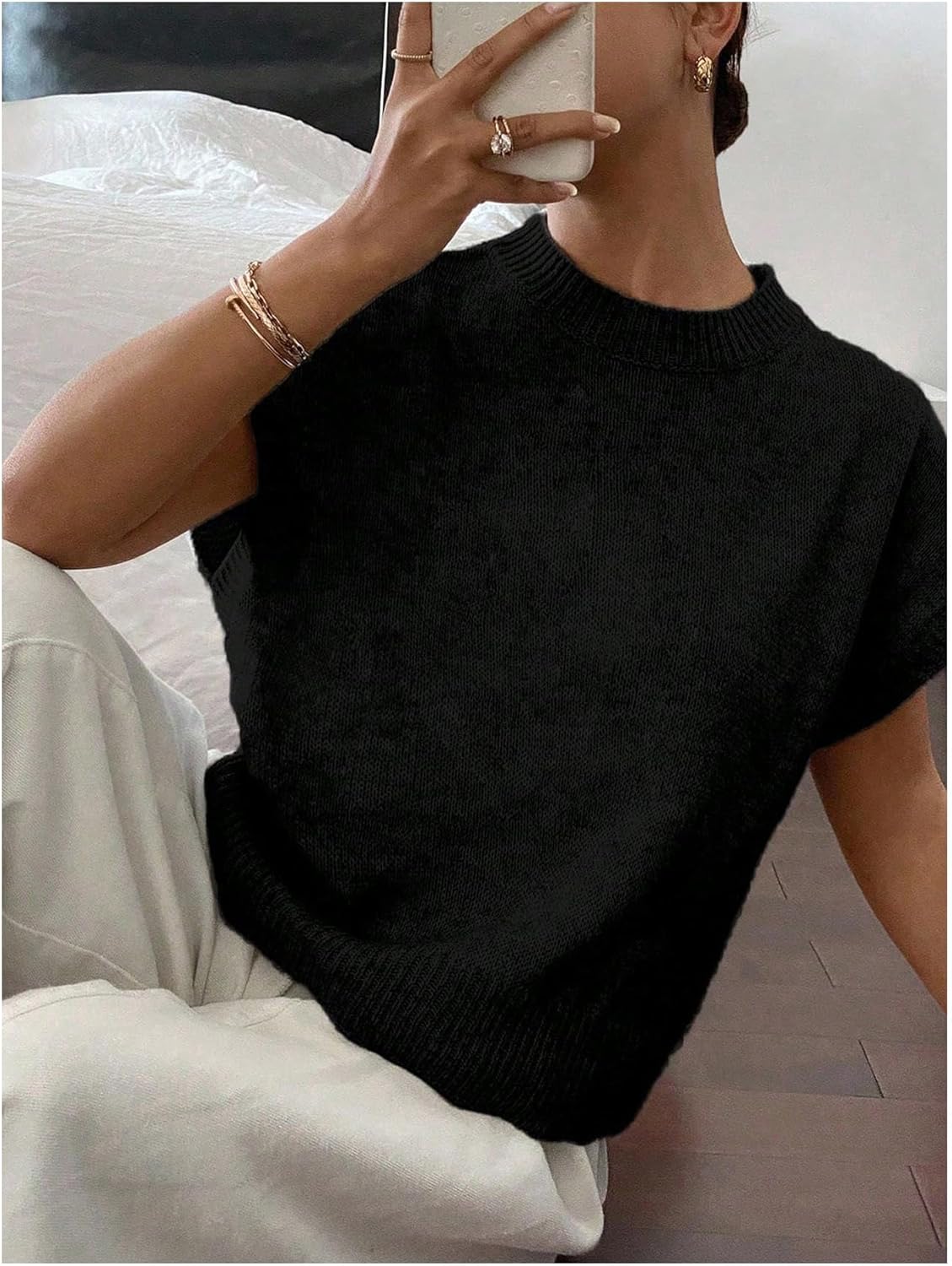 QJQ Women's Short Sleeve Sweater Vest Decor Knit Crewnek Anthropologie Clothes Business Cute Tops - Image 5