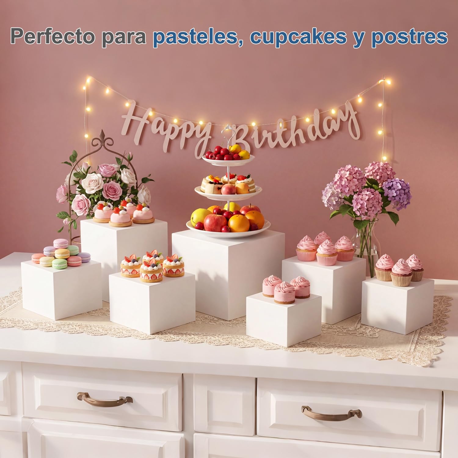 FUSHITON 6 Piezas Soporte para Postres de Plástico Blanco, Base de Presentación para Buffet - Cubos Expositivos de 5 Caras Apilables para Repostería, Decoración, Tienda (6 Tamaños Diferentes)