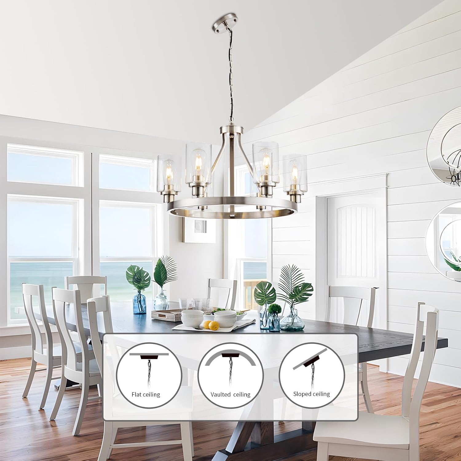 6 Light Wagon Wheel Chandelier Brushed Nickel Modern Dining Room Light Fixture Pendant Lighting for Living Room Kitchen Island Foyer Bedroom, Adjustable Height Metal E26 Base with Glass Shade