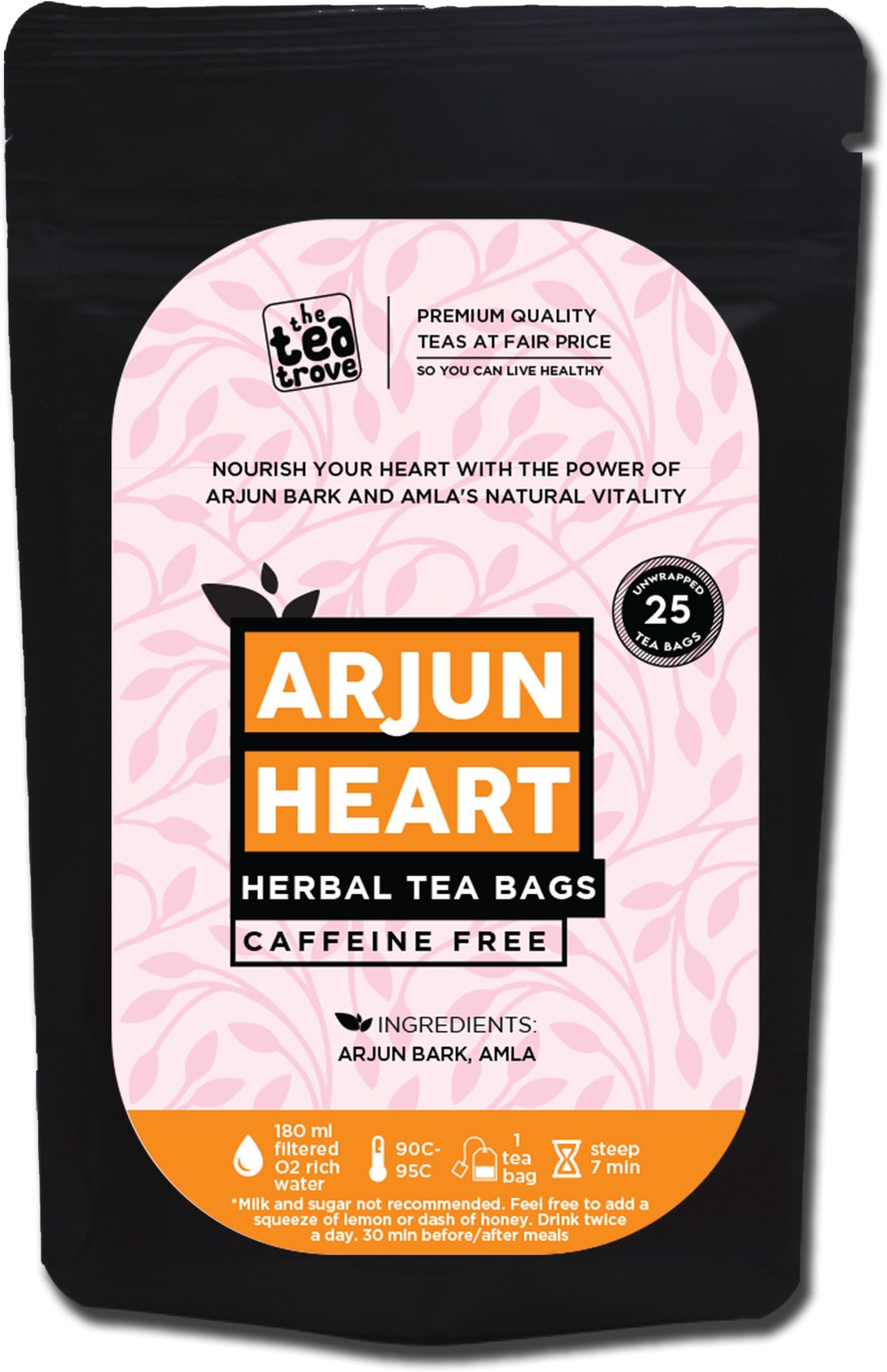the tea trove Arjun Tea Bags - 25 Eco-Friendly Arjuna Tea Bags In Resealable Pouch - Caffeine Free Ayurvedic Tea Blend Of Arjun Ki Chaal And Amla Herbal Tea For Heart And High Bp - Pack Of 1,70 Grams