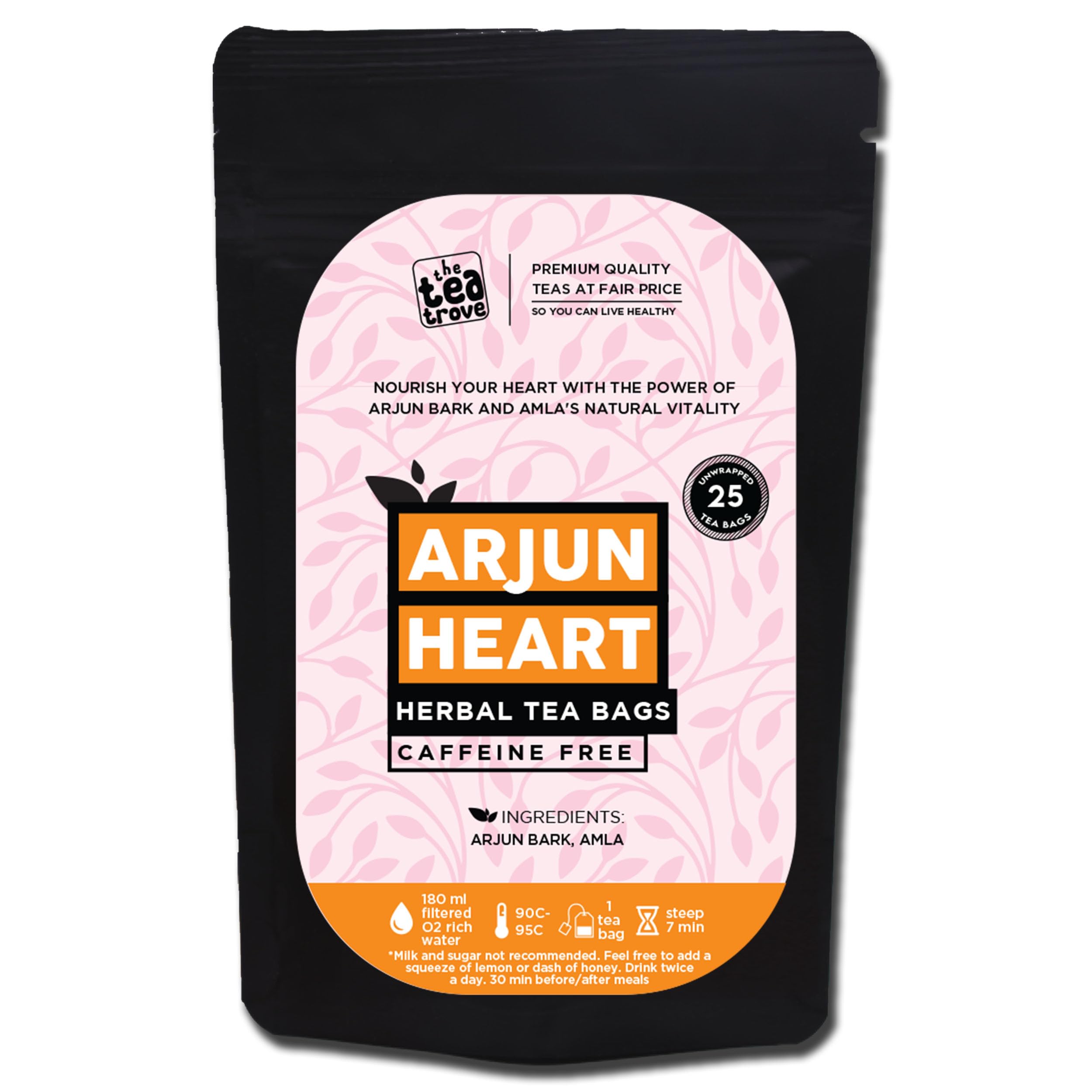 the tea trove Arjun Tea Bags - 25 Eco-Friendly Arjuna Tea Bags In Resealable Pouch - Caffeine Free Ayurvedic Tea Blend Of Arjun Ki Chaal And Amla Herbal Tea For Heart And High Bp - Pack Of 1,70 Grams