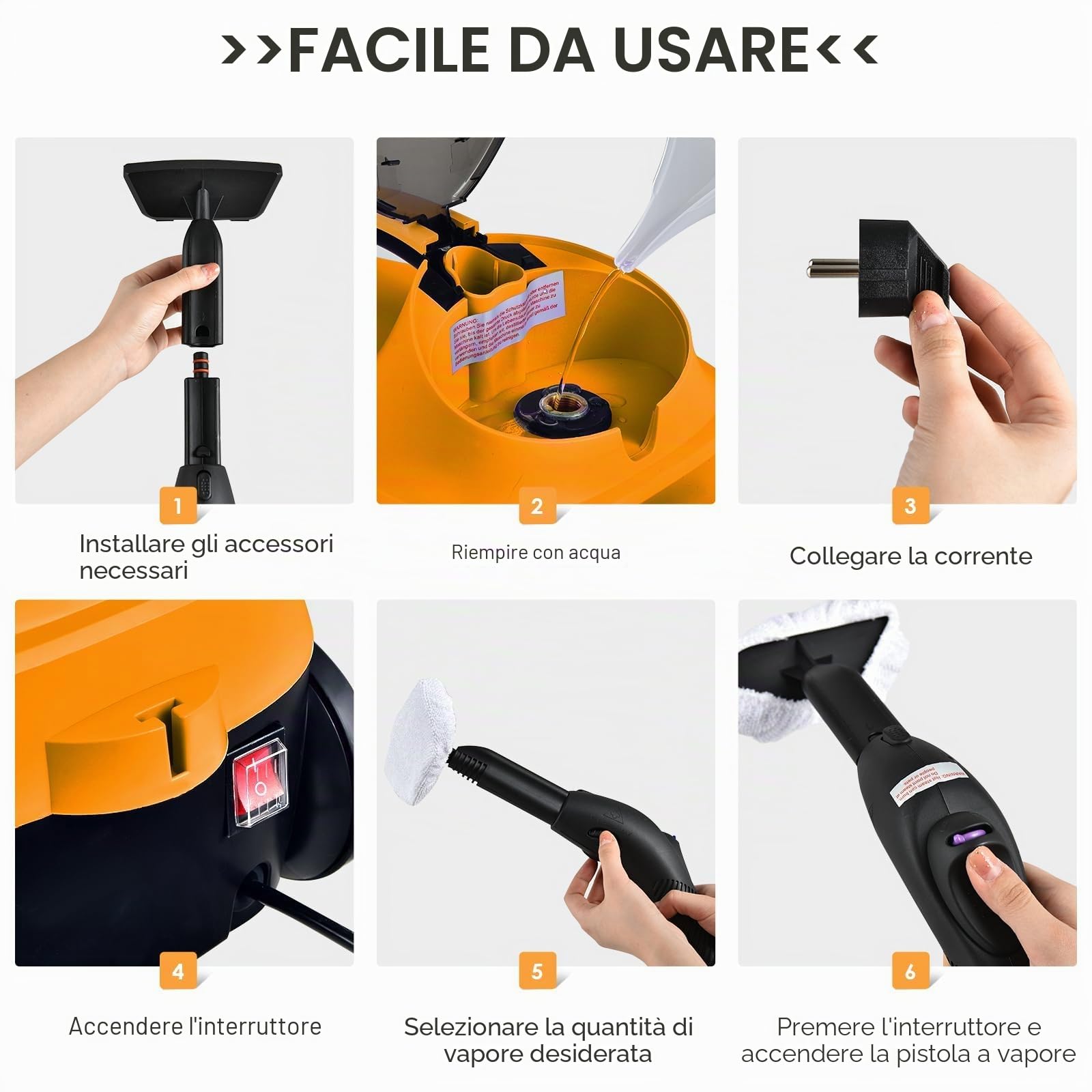 FANTASK Pulitore a vapore con 19 accessori e luce LED di avvertimento per tappeti, pavimenti, finestre, auto, 2000 W, tempo di riscaldamento: 5 minuti, temperatura: fino a 108 °C, serbatoio: 1,5 l