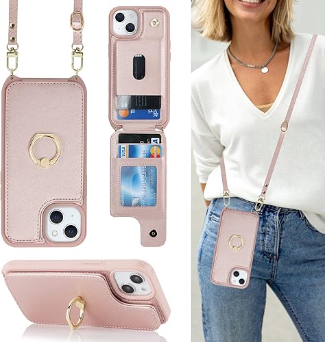 Funda para iPhone 14 Plus con tarjetero y correa para mujer, cordón cruzado, soporte de anillo de soporte, cierre a presión, bloqueo RFID, fundas