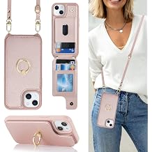 Cavor Phone Case Compatible with iPhone 15 Case With Card Holder With Strap,Flip Leather Wallet Case with Lanyard,Ring Kickstand Shockproof Cover Case for iPhone 15 - Rose gold