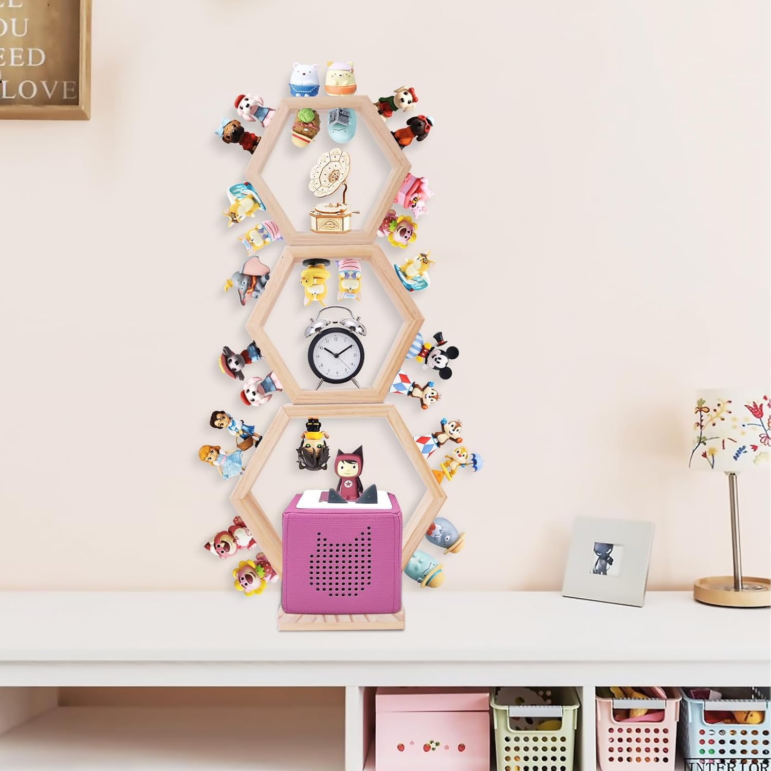 Hexagon Tonie Shellf for Toniebox Starter Tonie Shelf Wall Mounted Set of 3, Magnetic Wooden Floating Shelves Compatible with Tonie Box Player Tonie Figures Storage Tonie Shelvies