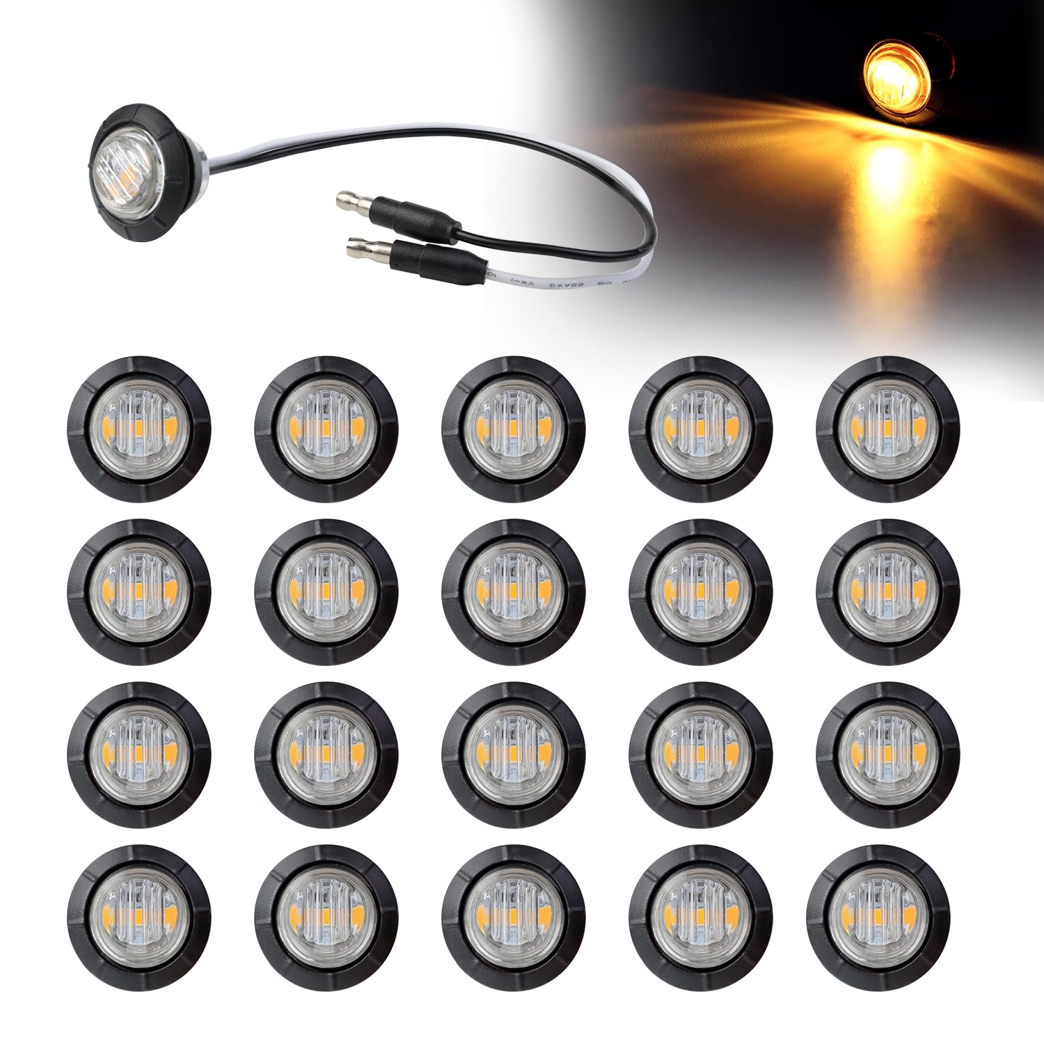 20 Pcs 3/4 Inch Mini Round Clear Lens Amber Button Side Marker Lights 3 LED with Connector Plugs for Trailer Truck Lorry SUV ATV RV Bus Clearance Signal Lamps 12V DC