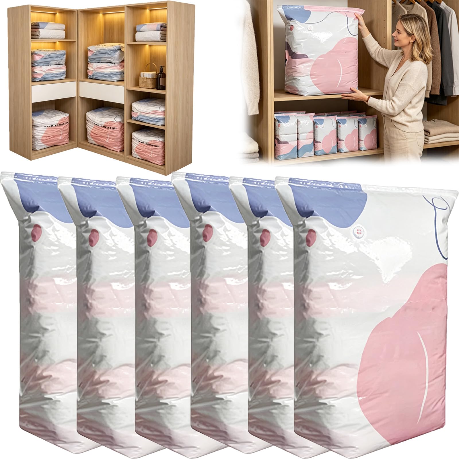 No Pump 3d Vacuum Storage Bags 3-Sec Fast Compression,Heavy Duty Press and Seal No Pump Large Vacuum Storage Compression Bags (6L)