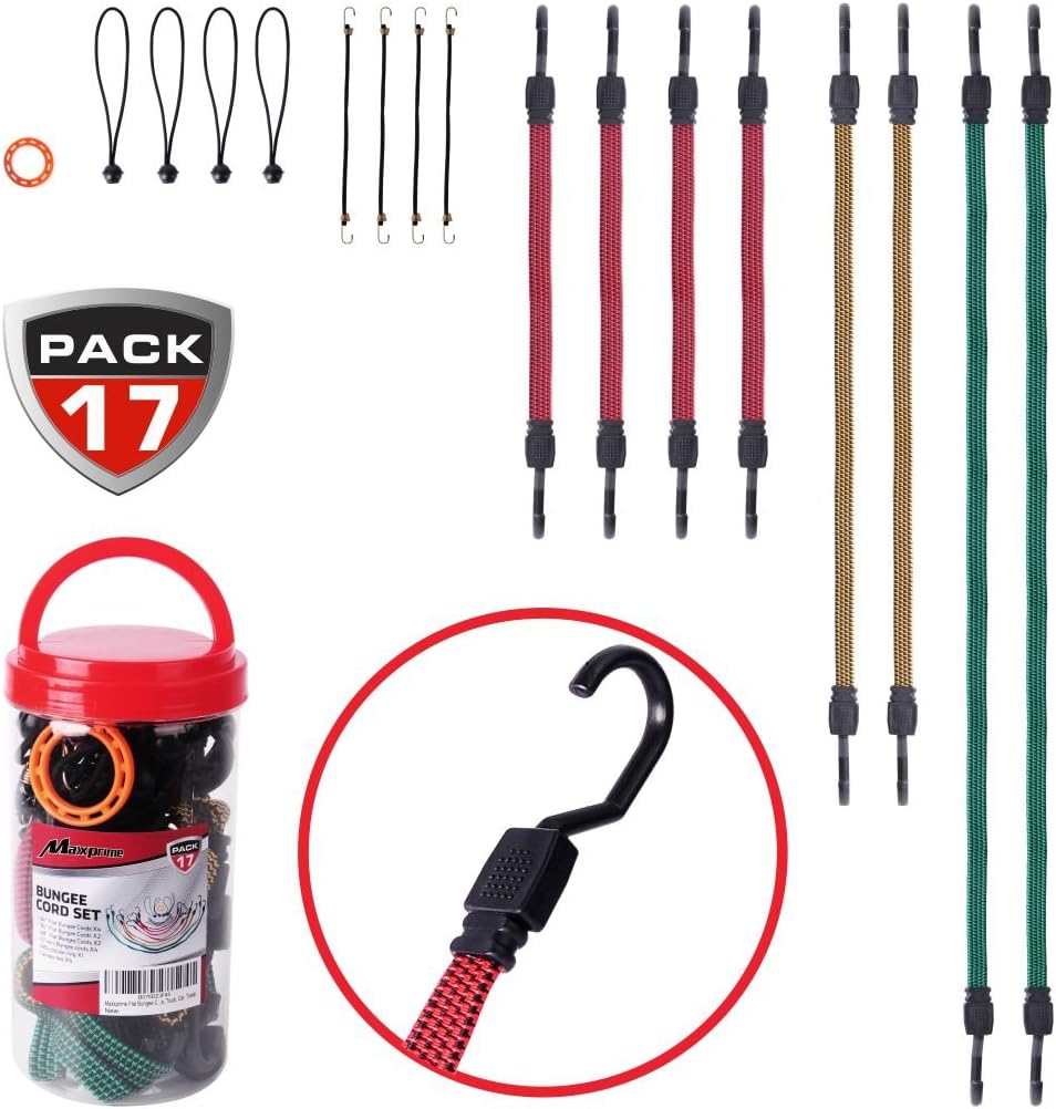 Flat Bungee Cords Assortment Jar 17 Piece in Jar - Includes 24”, 36”, 48” Flat Bungee Straps, 10” Bungee Cord, 8” Canopy Ties and Circular Ring, 100% Latex for Extreme Strength