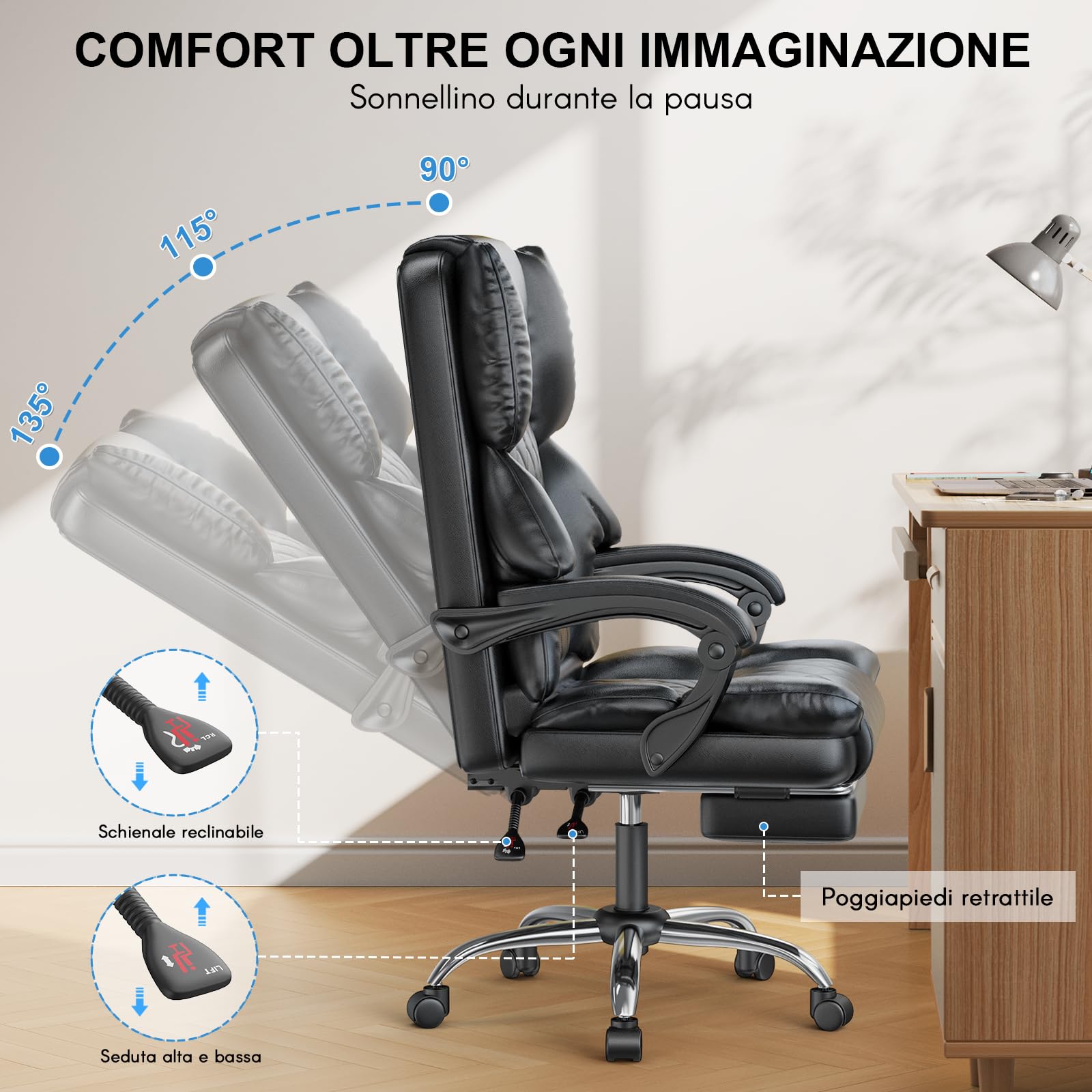 naspaluro Sedia da Ufficio Ergonomica con Poggiapiedi, Sedia Ufficio con Schienale Alto in Pelle PU di Alta Qualità, Schienale Inclinabile, Sedile Imbottito, Altezza Regolabile, Nero
