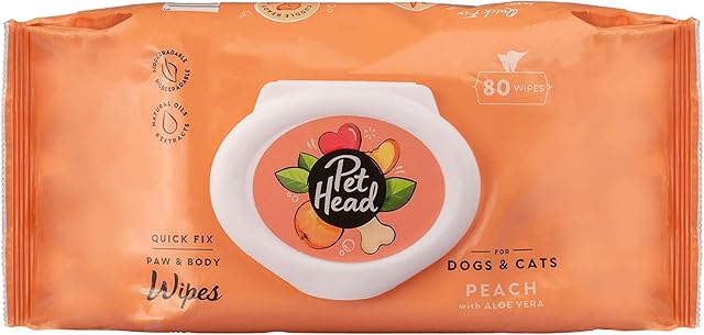 PET HEAD Dog & Cat Wipes 80 pack, Quick Fix Paw & Body Wipes, Peach Scent with Aloe Vera, Pet Hygiene Cleaning Wipes, Hypoallergenic, Vegan, Natural, ph-Neutral, For an Easy & Speedy Freshen-Up