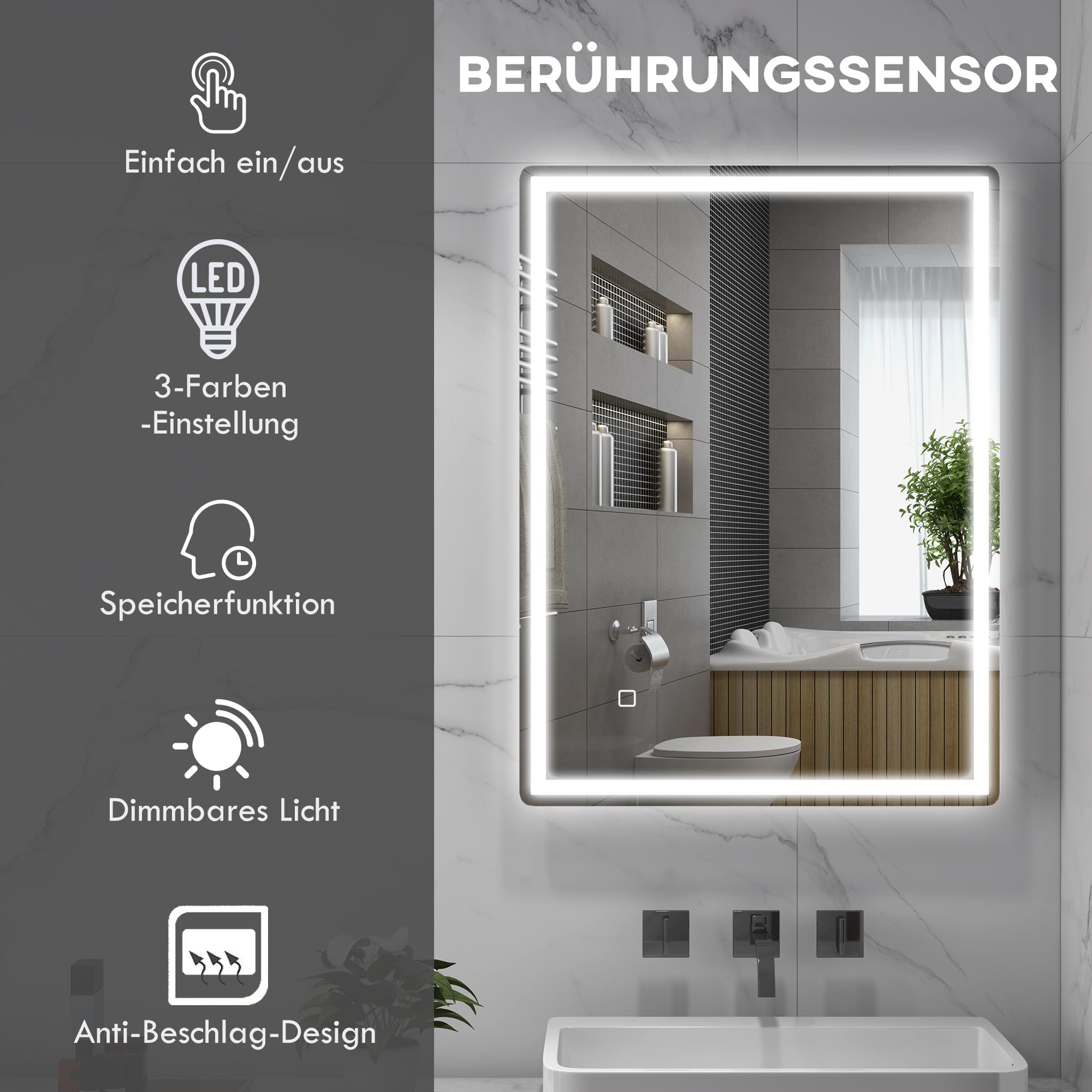 HOMCOM Verlichte Badkamerspiegel 80 x 60 cm met Bluetooth, Geheugen