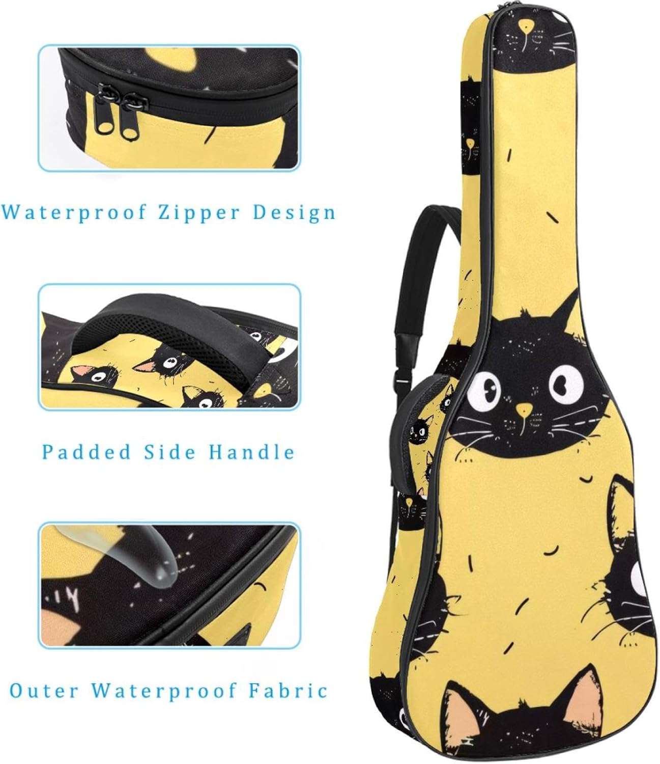 Acoustic Guitar Bag 0.4 Inch Thick Padding Waterproof Guitar Case Gig Bag for 40 41 42 Inch Electric Bass Classical Guitar, Cute Cat Heads Cartoon