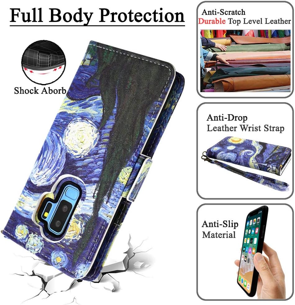 Mefon Galaxy S9 Plus Wallet Case Leather Detachable, Durable Slim, Enhanced Magnetic Closure, with Wrist Strap, Card Slot, Kickstand, Luxury Flip Folio Cases for Samsung Galaxy S9+ 6.2 (Starry Night)