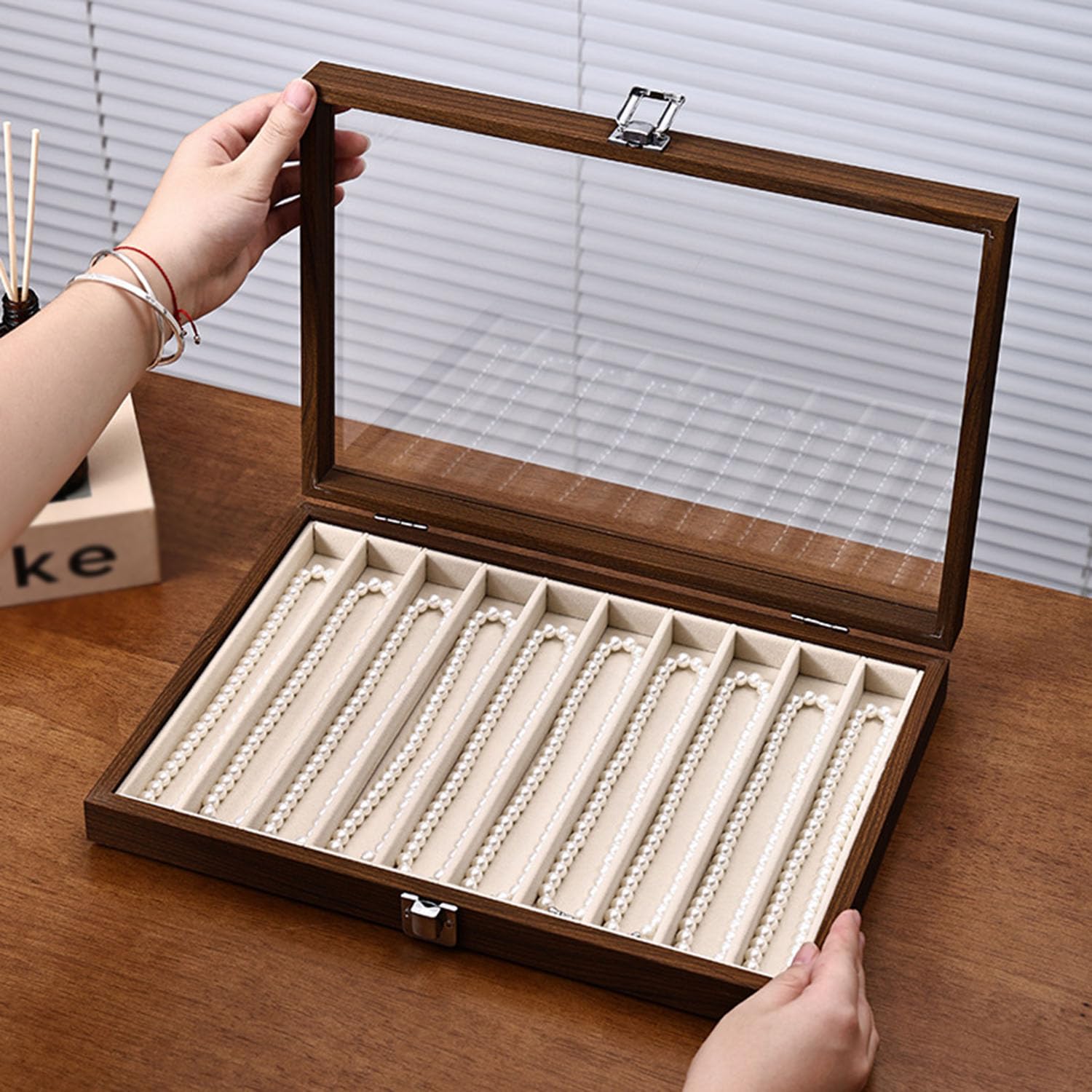 Scatola porta collane coperchio vetro, vassoio espositivo in legno gioielli | Vetrina vintage in legno, portaoggetti per donne e ragazze