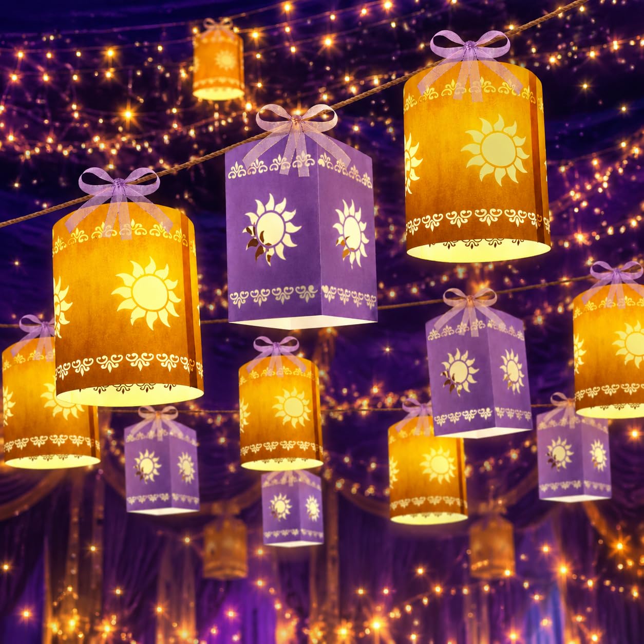 Photo 1 of 30 Pack Princess Sun Hanging Lanterns DIY Set Purple Golden Princess Square Round Paper Lanterns Purple Sun Party Decorations for Birthday Baby Shower Wedding Party Supplies Photo Props