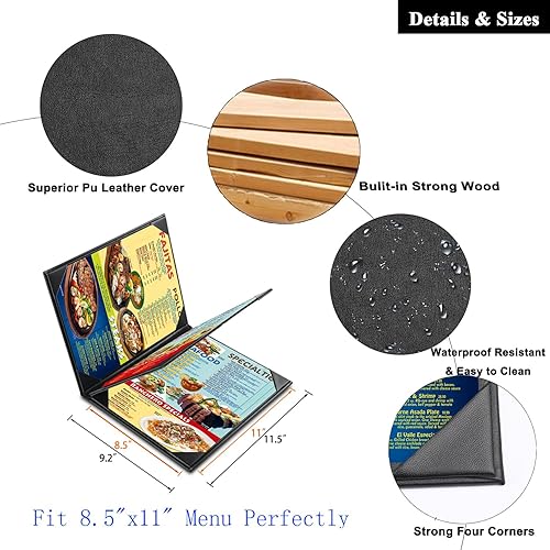 Miniatura 19 de Fundas de cuero para menú con madera fuerte en el interior para 8.5 x 11 pulgadas, fundas de cuero de doble vista para listas de vinos, bebidas