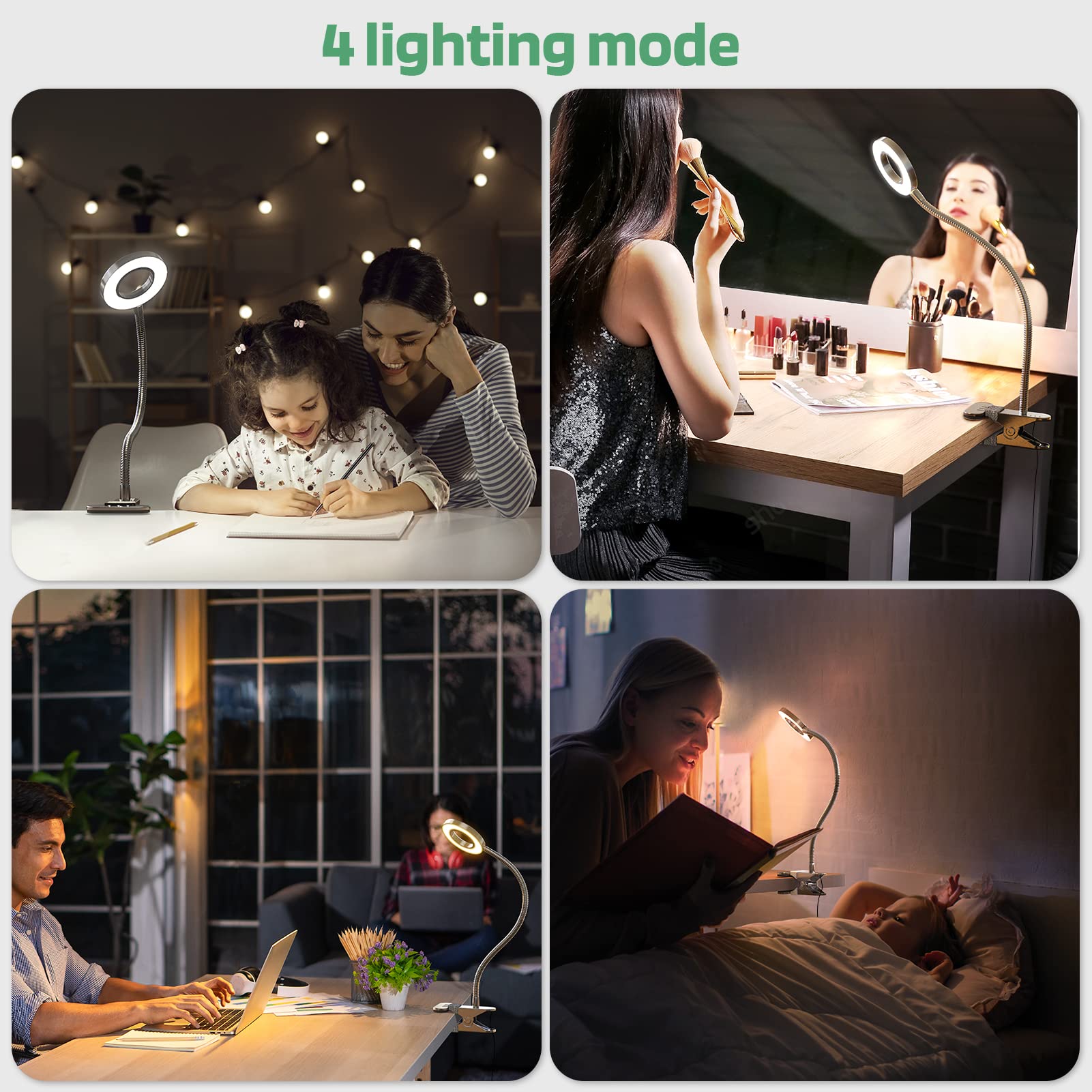 GLORIOUS-LITE LED-Licht, 36 LEDs, augenschonende Leselampe für Schlafsaal, 360° flexibler Schwanenhals mit 4 Farbmodi, dimmbares Buchlicht für Bett, Schreibtisch, Kopfteil, Computer (Silber)
