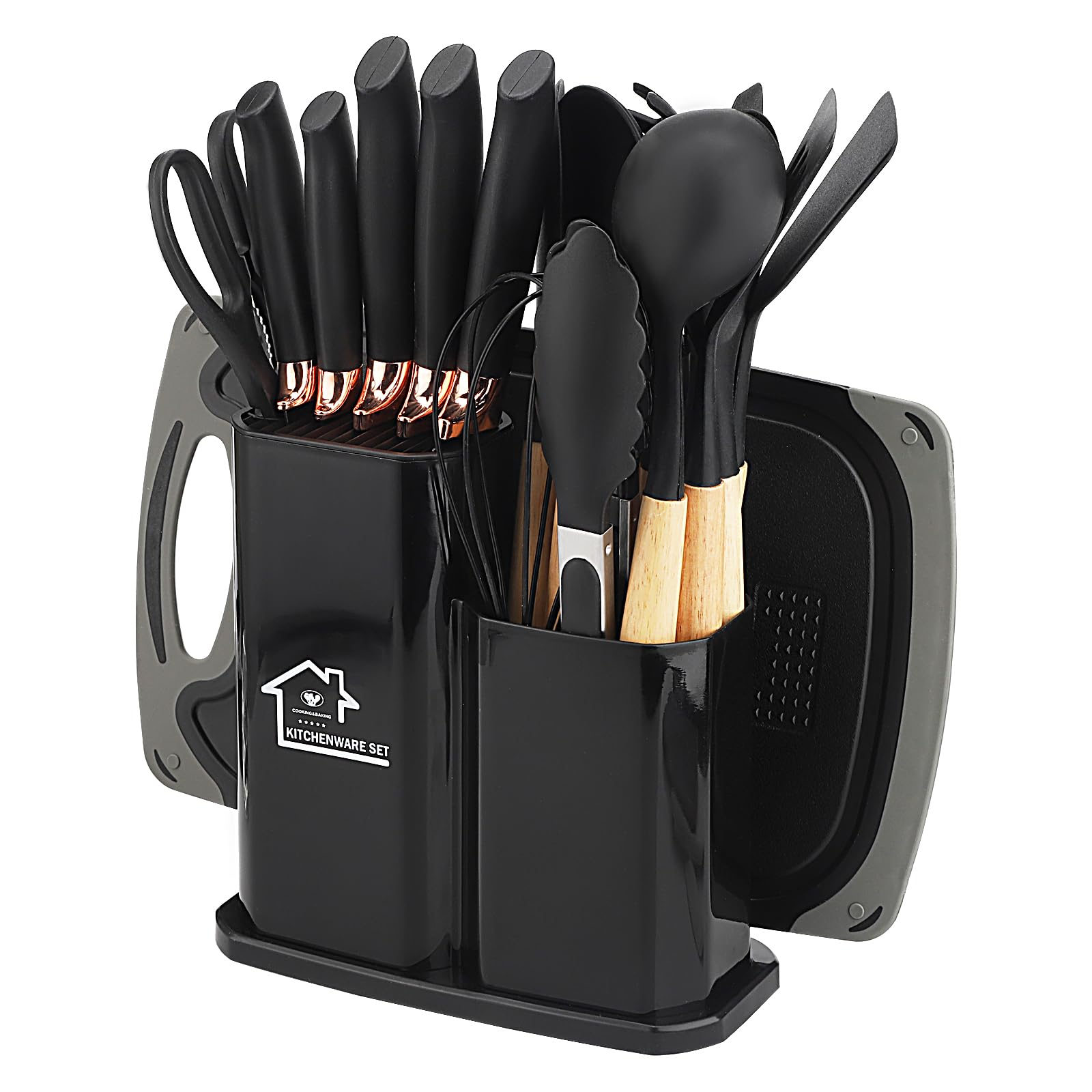Küchenmesserset，19-teiliges Küchenutensilien-Set, Silikon-Küchengeräte-Set, enthält fünf Messer und ein Schneidebrett, mit Aufbewahrungsbox (schwarz)