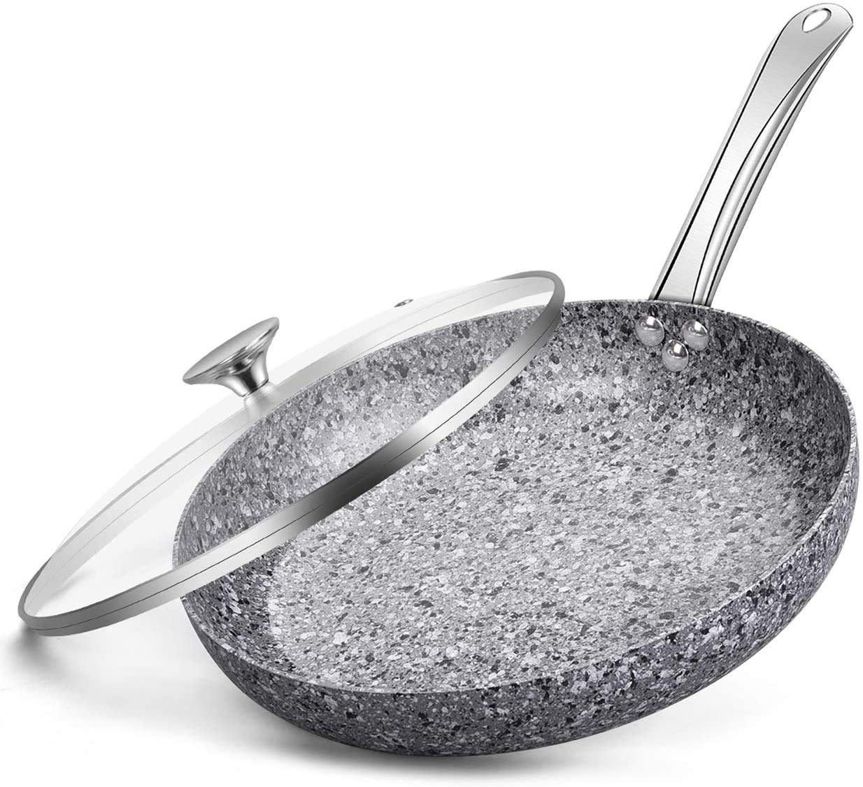 Nonstick Skillet Pan with Lid - CSK 11" Nonstick Frying Pan Granite Skillet with Lid, Fry Pan with APEO and PFOA-Free Stone Derived Coating, Aluminum Alloy Pan with Stainless Steel Handle, Oven Safe