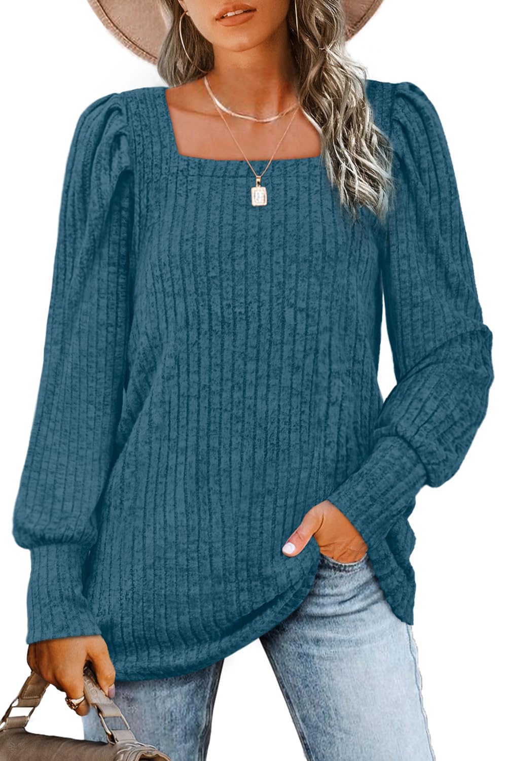 WIHOLL Long Sleeve Shirts for Women Trendy Casual Square Neck Tops Lightweight Sweaters