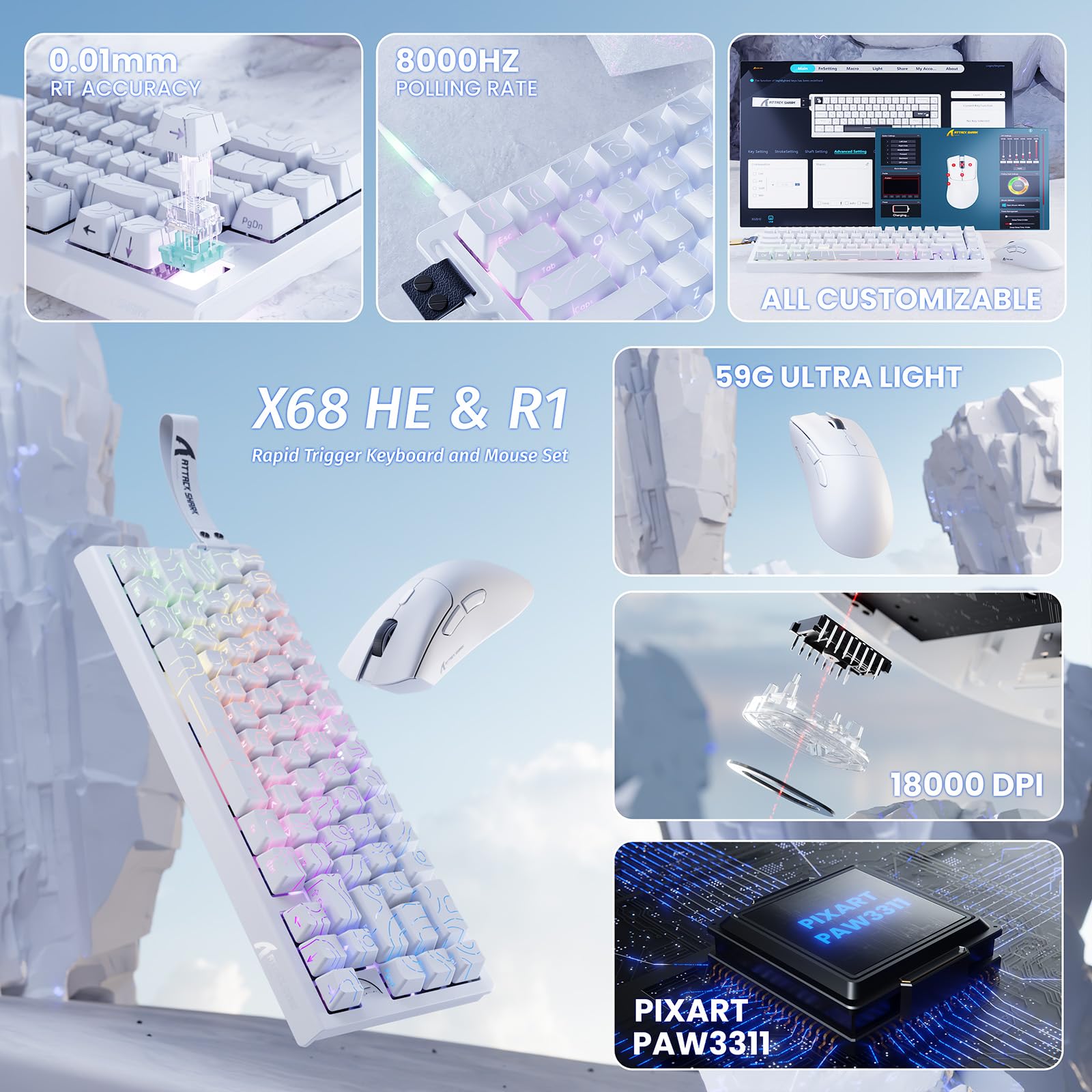 MAMBASNAKE Attack Shark X68 HE à Déclenchement Rapide Clavier, Souris R1 et Câble Spiralé 8 KHz, Précision RT 0,01 mm, Clavier Magnétique Filaire 8 KHz, Souris de Jeu sans Fil R1, pour PC/Mac -Blancs