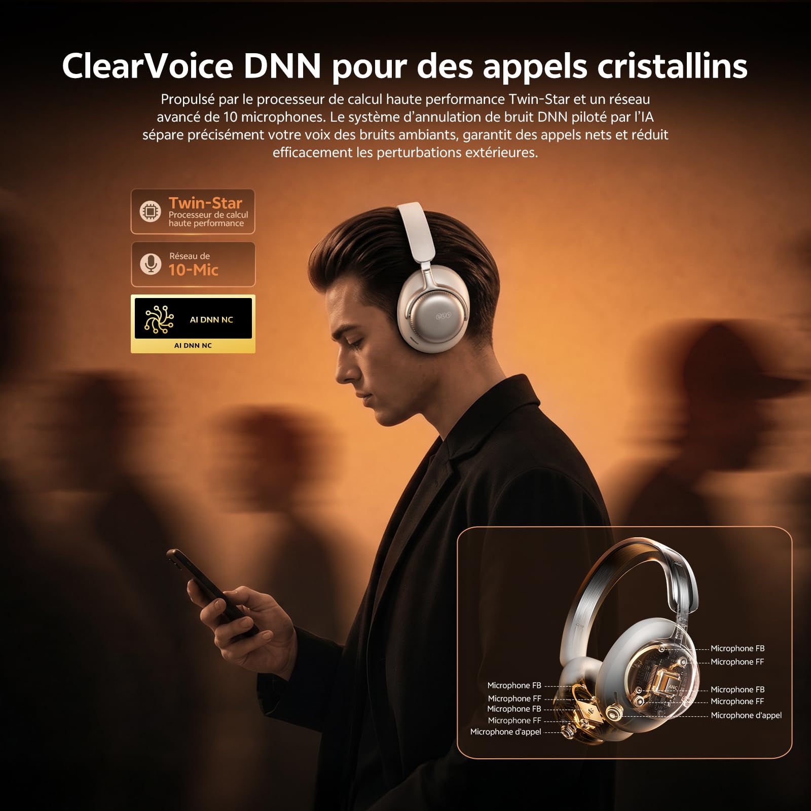 QCY H6 Ultra Casque Bluetooth Over-Ear, Réduction de Bruit Active, Hi-Res Audio LDAC, 100 Heures Autonomie, Bluetooth 6.0, Latence 42ms, Audio Spatial, Multipoint, AUX Filaire, Pliable - Blanc