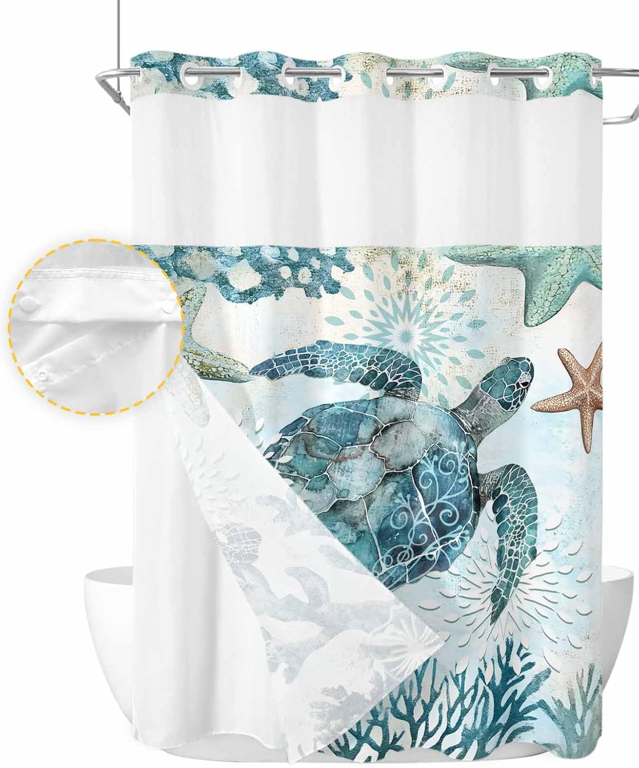 Sea Turtle Shower Curtains Set Ocean Coral Starfish No Hook Shower Curtains with Snap in Liner 48" x 72" Vintage Undersea Waterproof Fabric See Through Top Sheer Window for Bathroom Shower Room