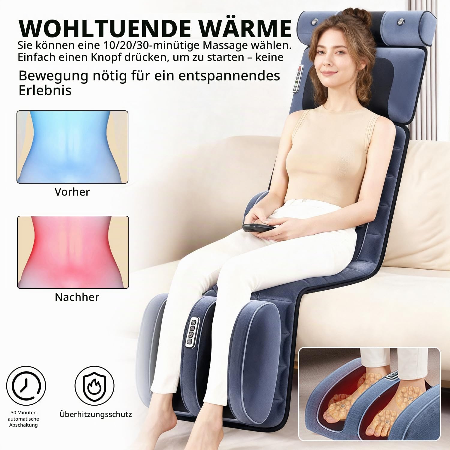 Massagematte, Ganzkörper, mit Wärme, 10 Motoren, für Entspannung | Vibrationstherapie; abnehmbare Fußmassage; für Rücken und Nacken.