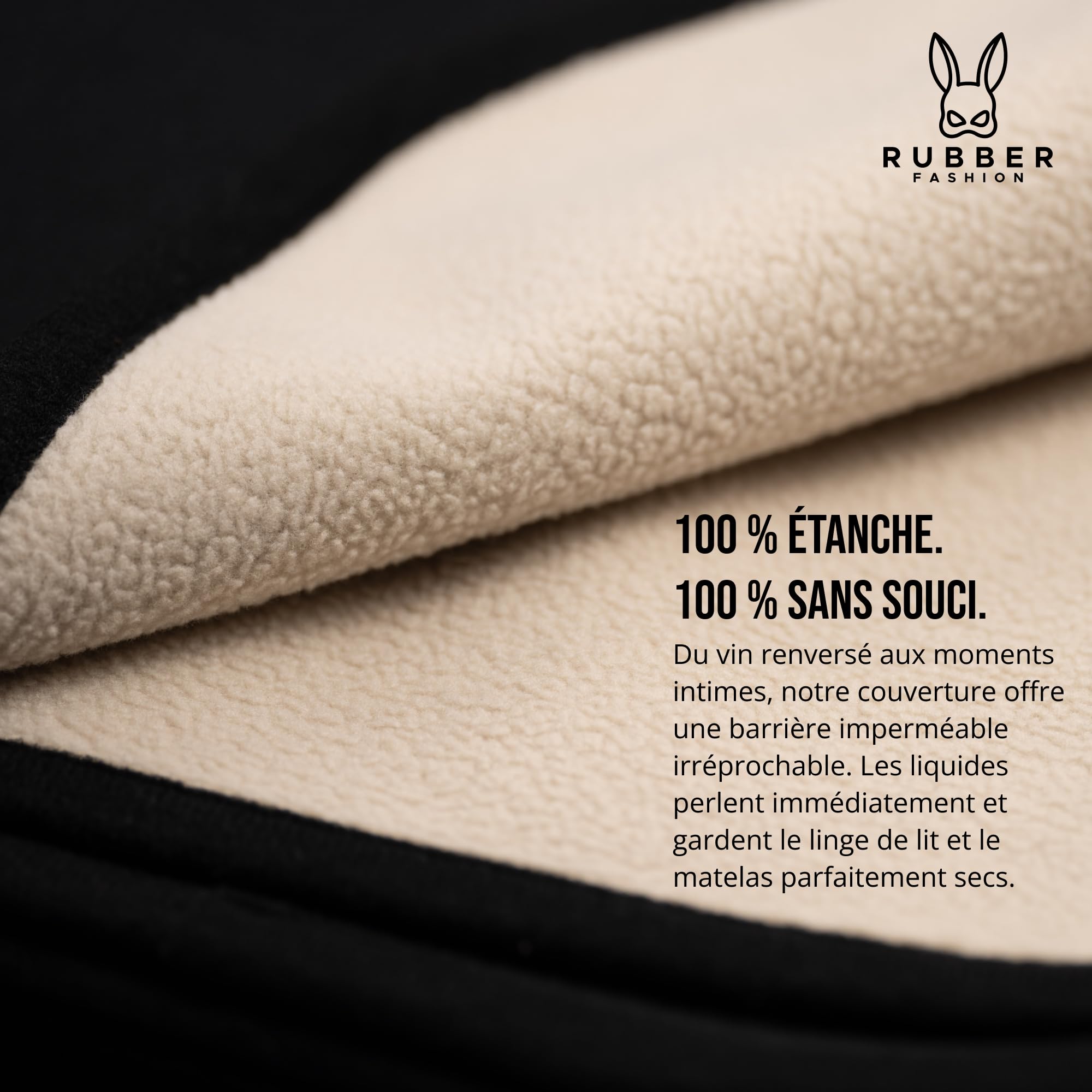 Rubberfashion Couverture sexuelle imperméable et douce - Couverture d'amour pour lit et canapé - Sous-couche imperméable 200 x 152 cm pour les moments romantiques et la vie quotidienne - Noir/beige