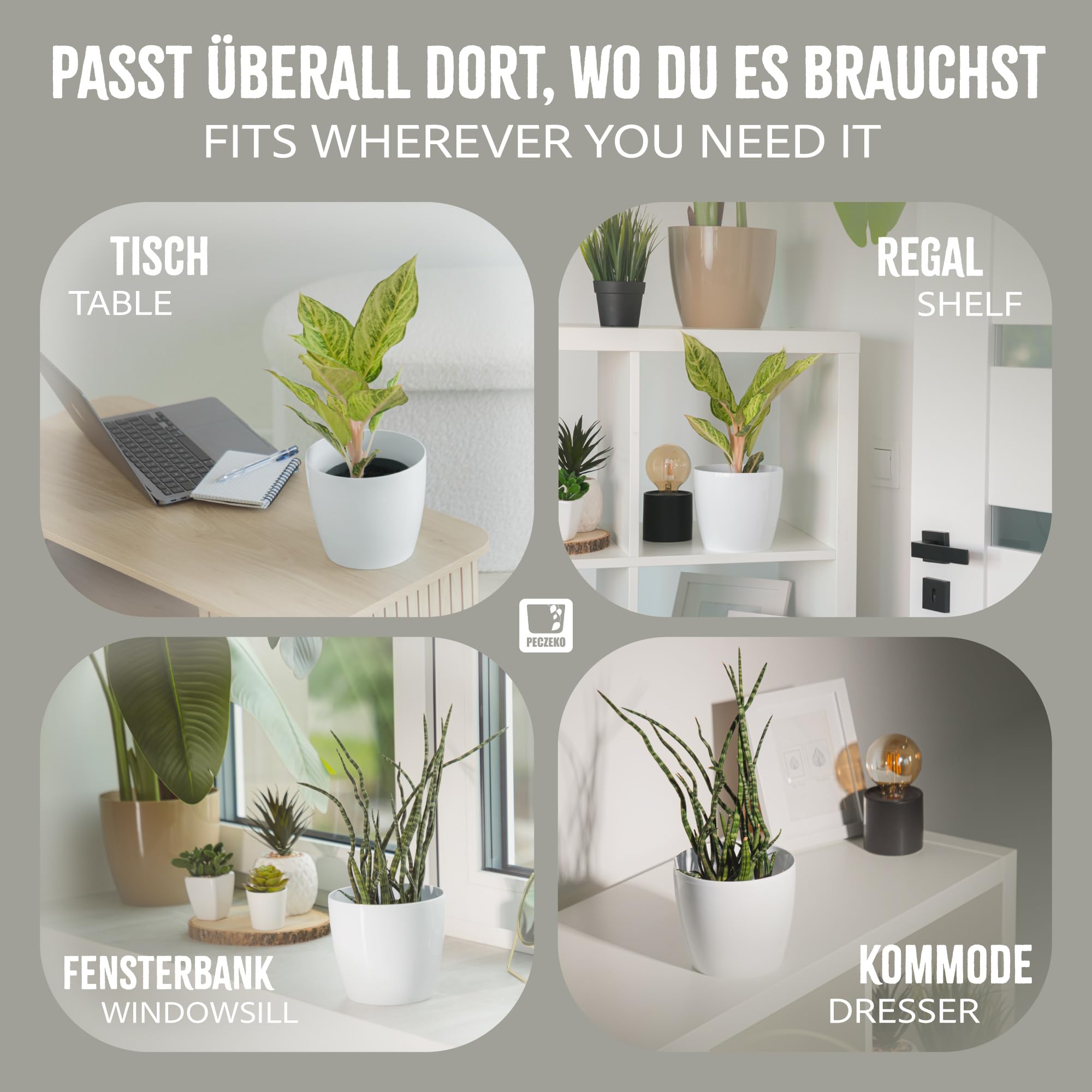 Set di 2 vasi decorativi per fiori ed erbe aromatiche, resistenti e leggeri, rotondi, in plastica, per soggiorno e sala da pranzo, cucina, terrazza, balcone, (bianco, diametro 36 cm)