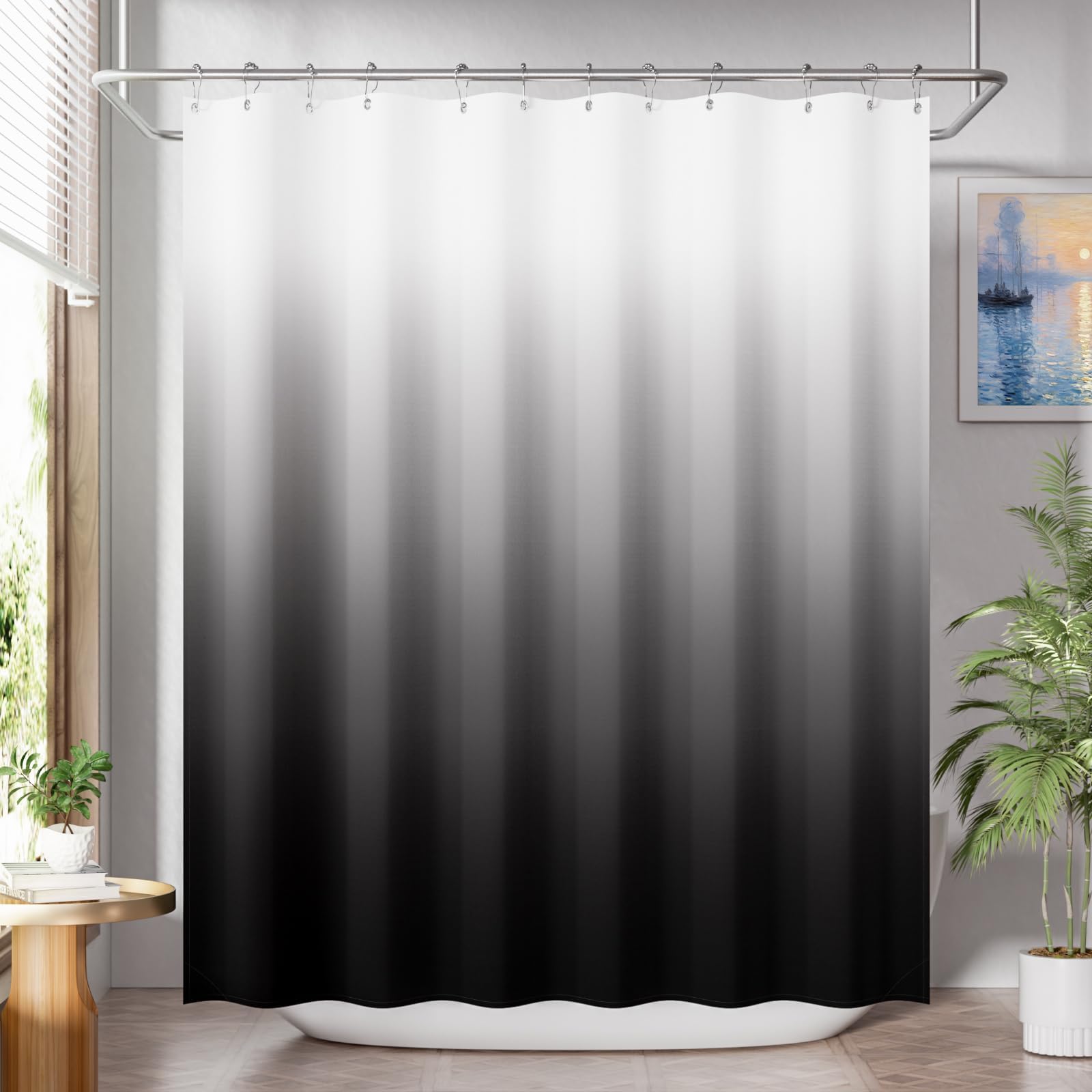 AmazerBath Shower Curtain, Cloth Ombre Black Shower Curtain Set with 12 Shower Curtain Hooks, Washable Fabric Black and White Shower Curtain, Rustic Farmhouse Bathroom Shower Curtain, 72x72 Inches