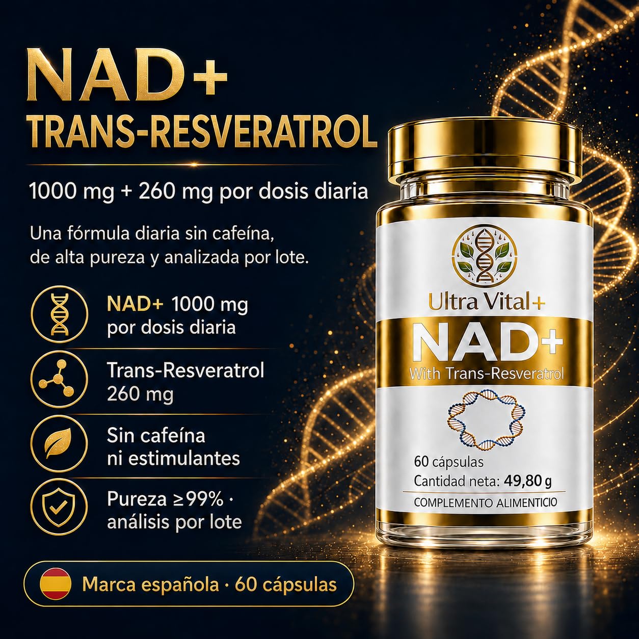 NAD Resveratrol Puro 1000 mg, NAD+ Trans-Resveratrol Sin Cafeína, 60 Cáps | NAD+ 1000 mg + Trans-Resveratrol 260 mg por dosis diaria. Pureza superior al 99%, analizada por lote. Marca española
