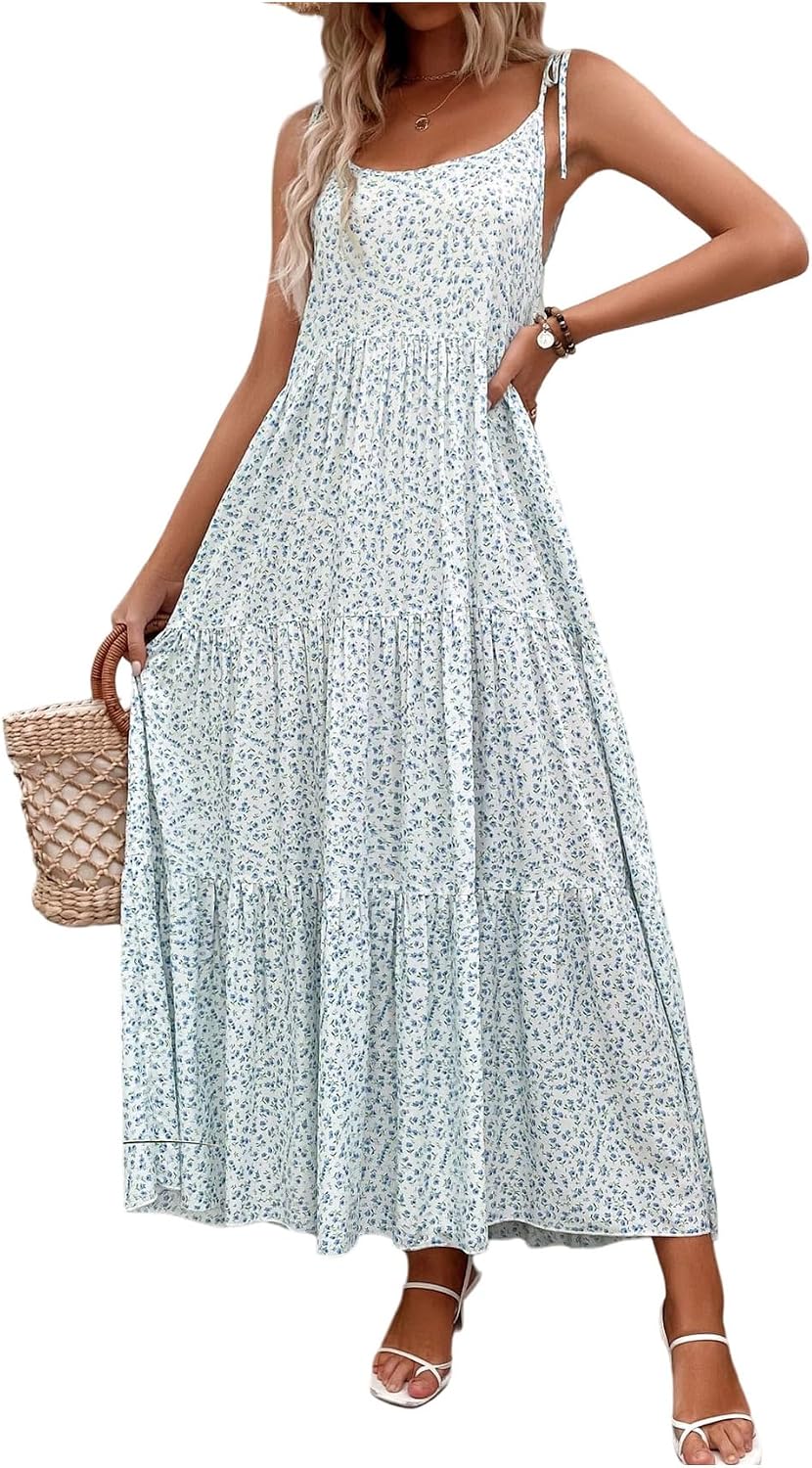 OYOANGLE Women's Floral Tiered Maxi Dress Scoop Neck Spaghetti Strap Flowy A Line Beach Vacation Sundress