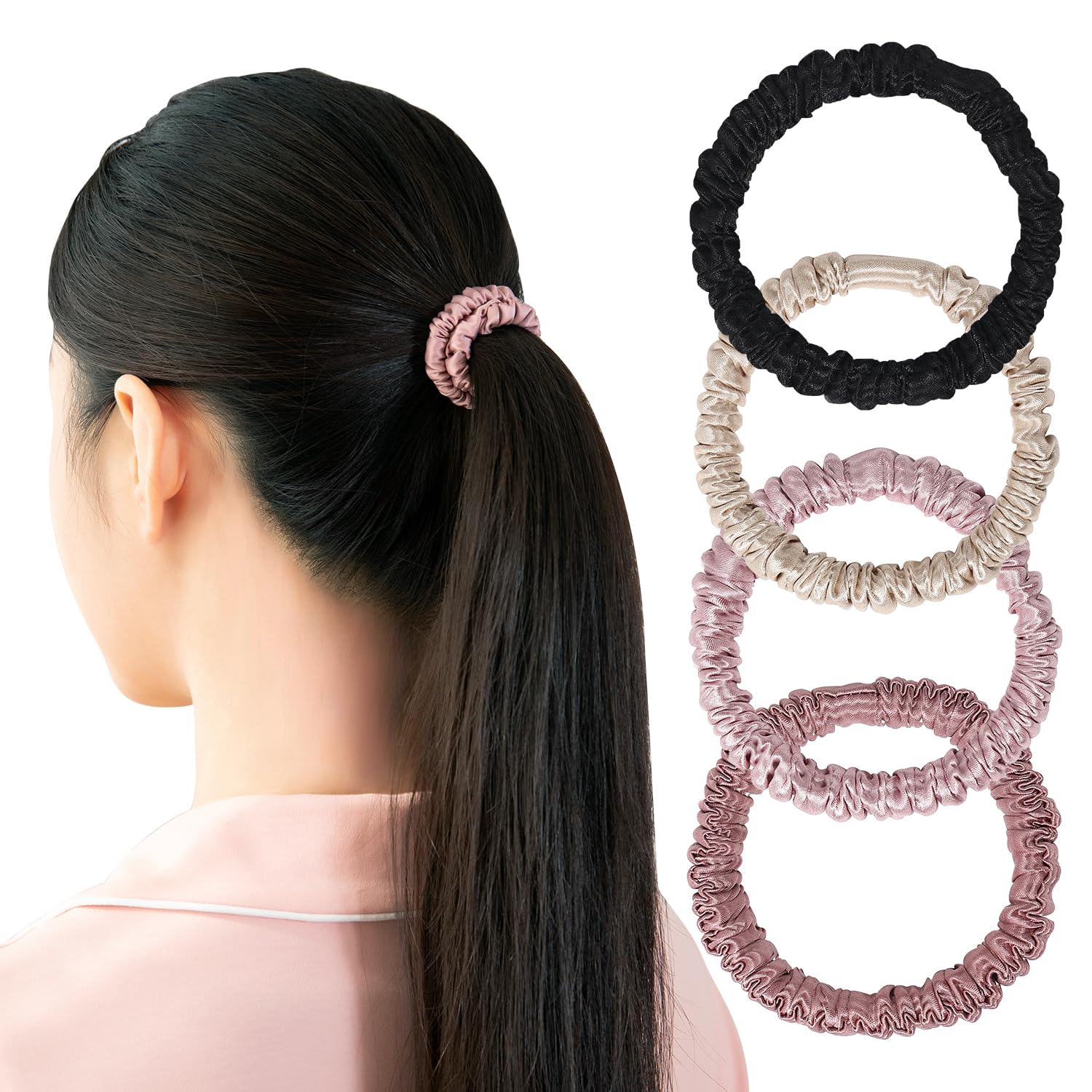 Yimuaya シルク ヘアゴム 4個セット シュシュ 跡がつかない 19匁のシルク100% 幅1cm 髪ゴム 静電気防止 髪に優しい ヘアシュシュ 大人 黒 ヘアアクセサリー おしゃれ プレゼントやギフトにも最適 母の日