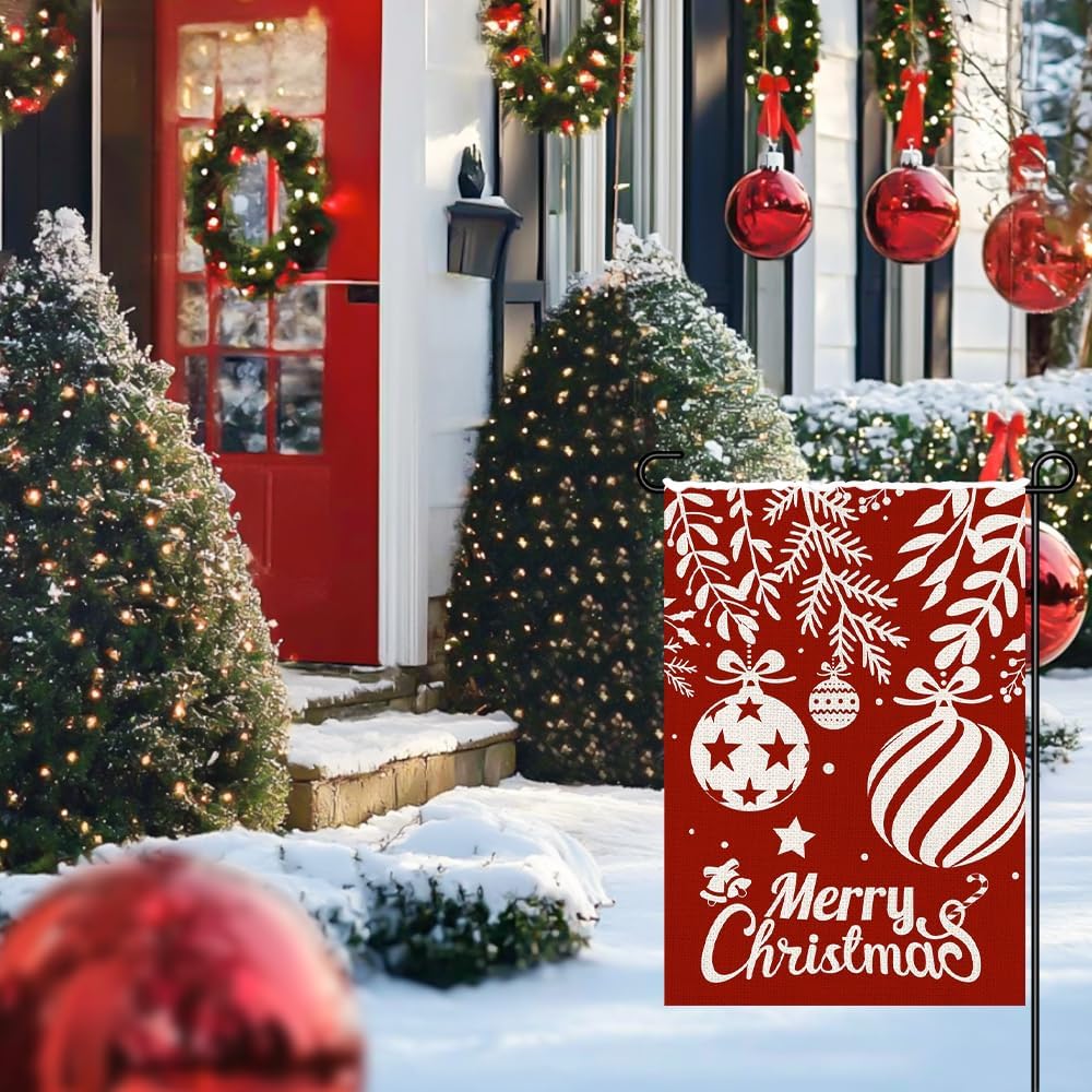 Merry Christmas Garden Flags 12x18 Double Sided Burlap, Winter Xmas Red Balls Decorations Seasonal Sign Small Flag for Holiday Party Farmhouse Outdoor Yard Lawn DF594 - Image 2