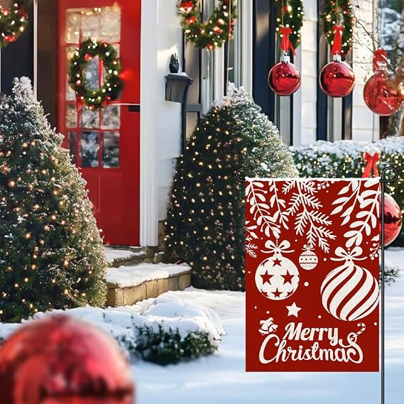 Merry Christmas Garden Flags 12x18 Double Sided Burlap, Winter Xmas Red Balls Decorations Seasonal Sign Small Flag for Holiday Party Farmhouse Outdoor Yard Lawn DF594