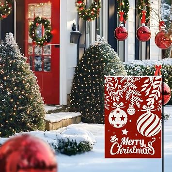 Merry Christmas Garden Flags 12x18 Double Sided Burlap, Winter Xmas Red Balls Decorations Seasonal Sign Small Flag for Holiday Party Farmhouse Outdoor Yard Lawn DF594
