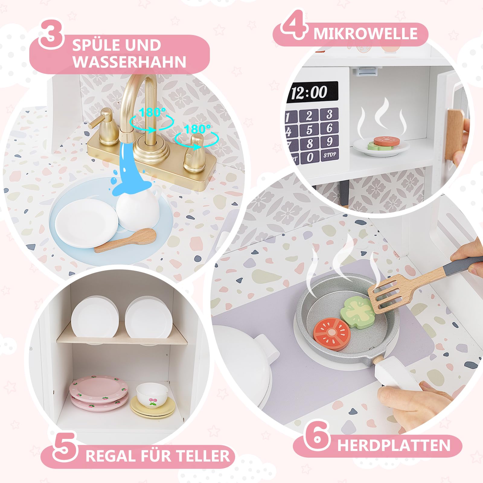 COSTWAY Kinderküche mit 27 Zubehör, Spielküche Holz mit Uhr Mikrowelle Spüle EIS- & Kaffeemaschine Geschirrständer und Waschmaschine, Spielzeugküche für Kinder ab 2 Jahren (Weiß)