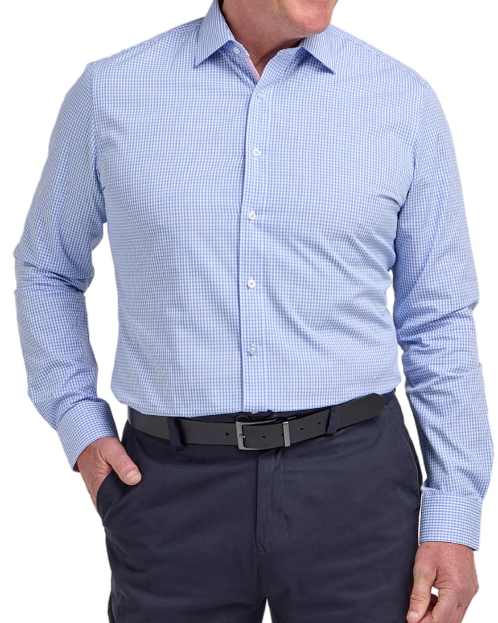 Double Two Blue Gingham Check Cotton Formal Shirt - Pink Contrast Collar & Cuffs - Size 19 in