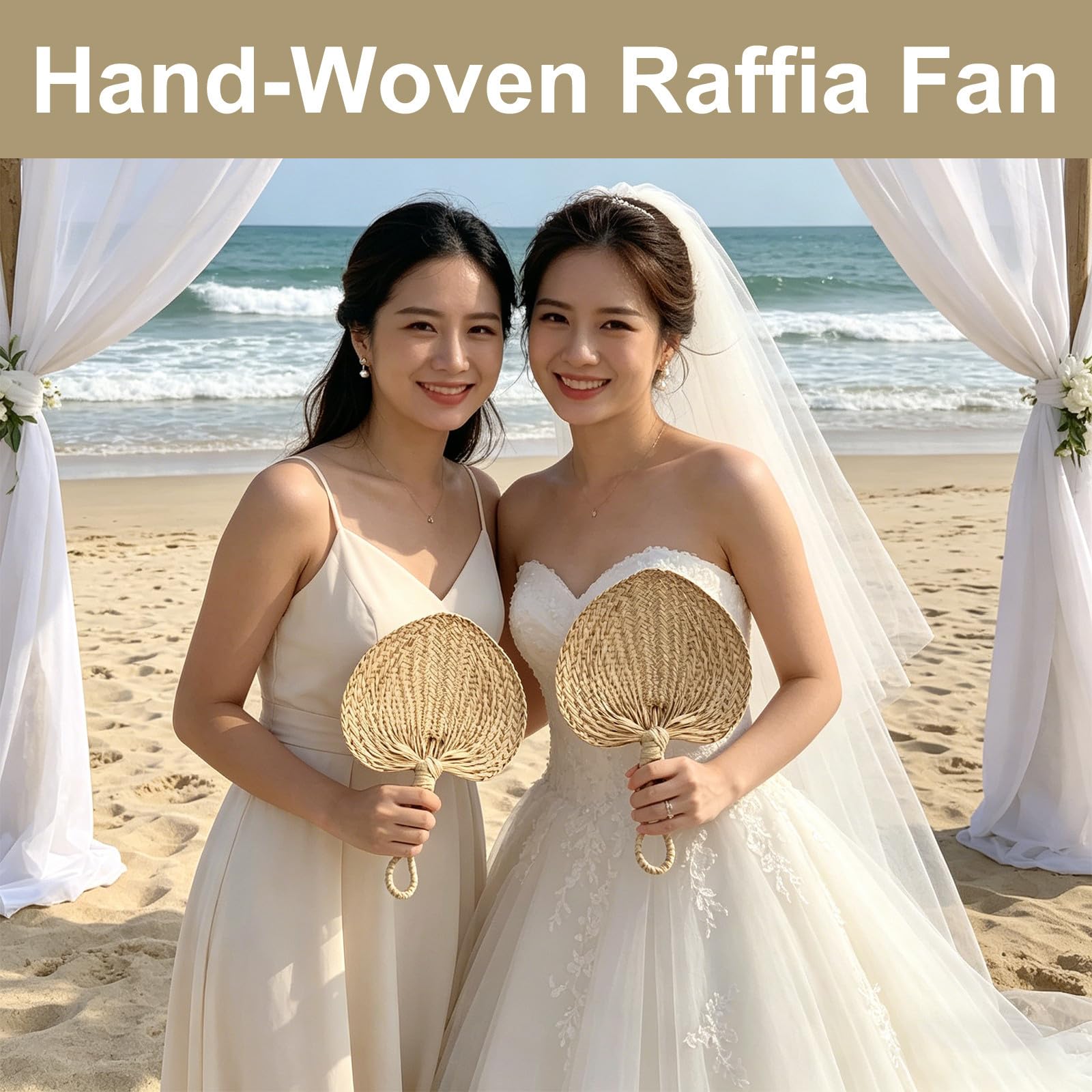 Handgefertigte Palmblatt Fächer 12 Stück aus Bulrush für Hochzeiten | Beige, Handgewebt und Wiederverwendbar, für Braut und Brautjungfern bei Outdoor Zeremonien
