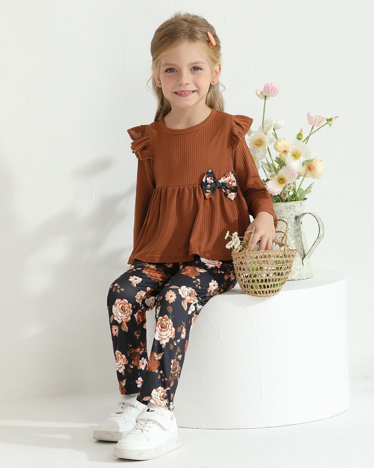 SANMIO Toddler Girl Clothes Long Sleeves Ruffle Top Floral Pants Cute Fall Winter Daily Casual Toddler Outfits - Image 2