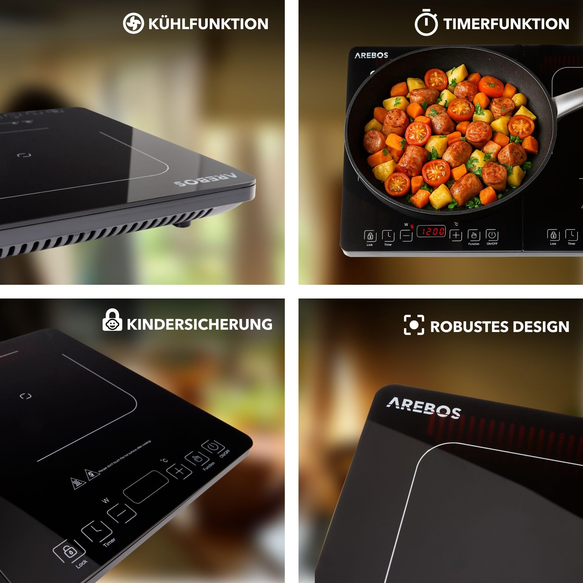 Arebos Doppel-Induktionskochplatte 3500W | 2 Kochzonen mit Touch-Display & Timer | Induktionskochfeld tragbar für Camping, Outdoor & Küche | Überhitzungsschutz | Energieeffizient