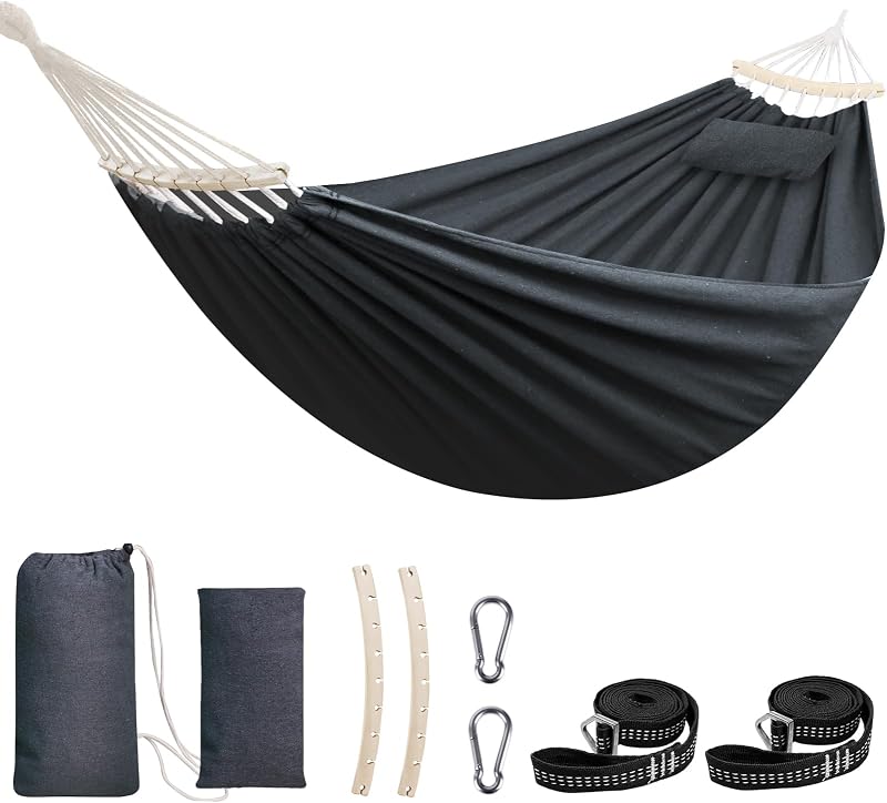 Cotton Hammock 8.9x4.9ft Holds Up to 660lbs Prevents Side-Tipping | Soft Fabric Tree Hammock Camping with Bag Detachable Spreader Bar Pillow 2 Strong Webbings 2 Carabiners Indoor Outdoor Garden