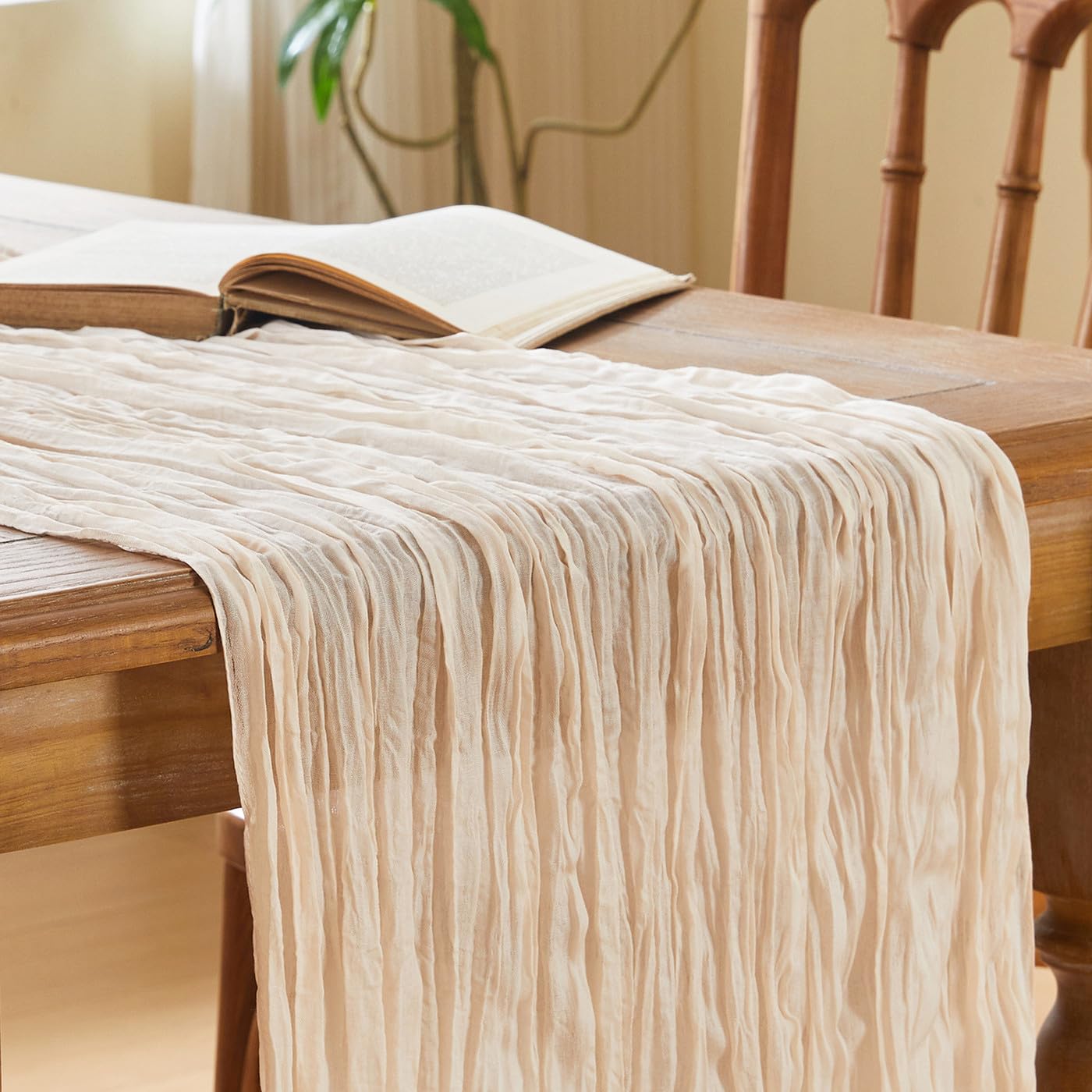 LAIDANLA Beige Cheesecloth Table Runner 90 x 300cm Boho Gauze Table Runner