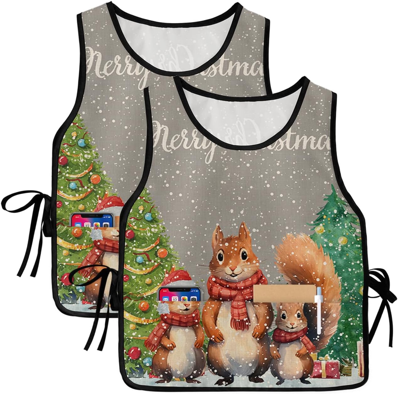 Double Love Christmas Gnomes Cobbler Aprons with 2 Pockets for Women Men, Xmas Snowy Tree Bird Pink