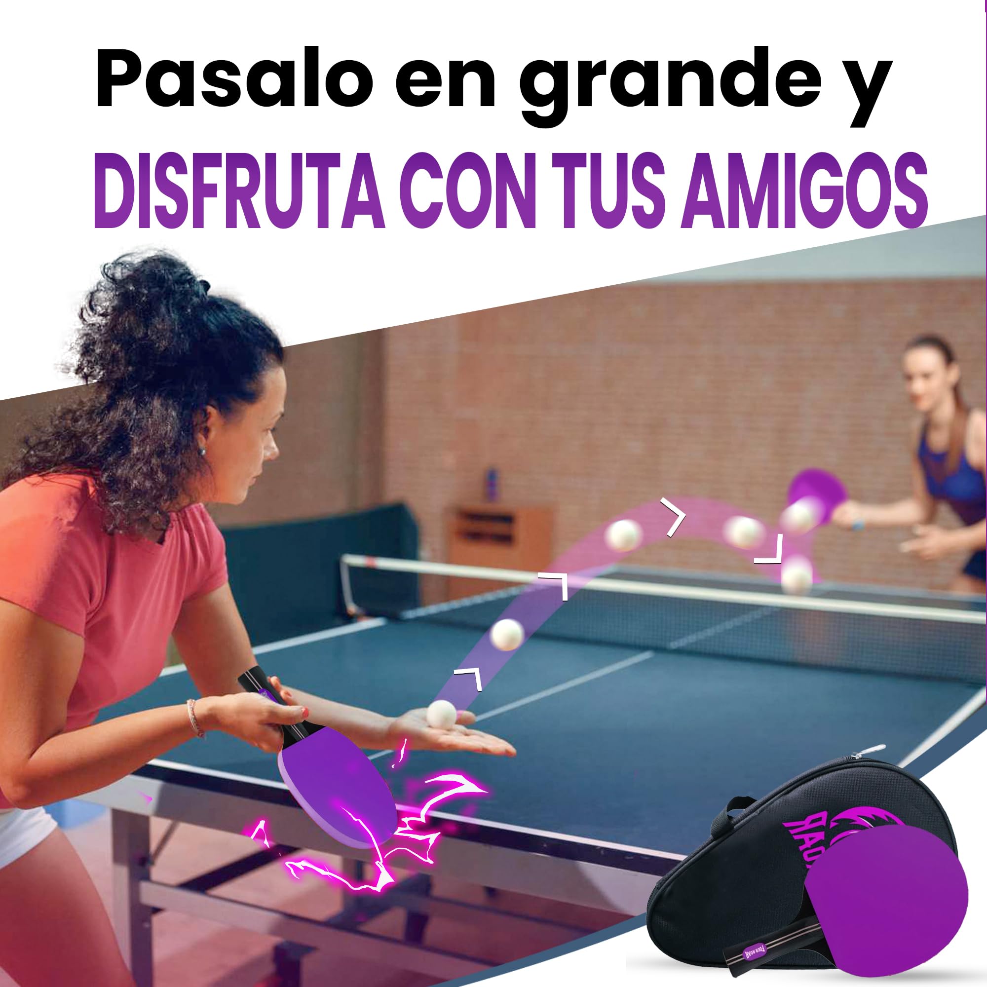 Palas de Ping Pong con 7 Capas Pack 2 Palas | Raquetas de Ping Pong para Jugadores de Todos los Niveles | Incluye 2 Pelotas y 2 Fundas para Guardar la Pala | Color Violeta